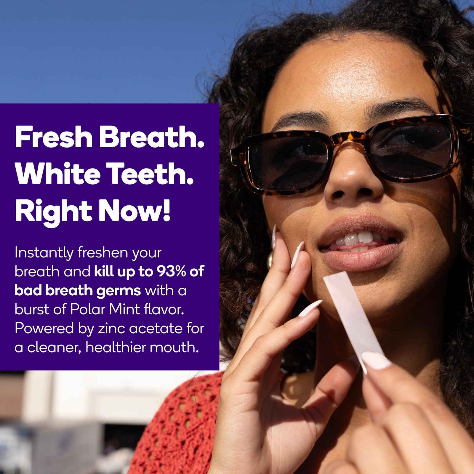Burst Teeth Whitening Breath Strips in Polar Mint, 8-pack, showing strips with packaging for freshening breath and whitening teeth.