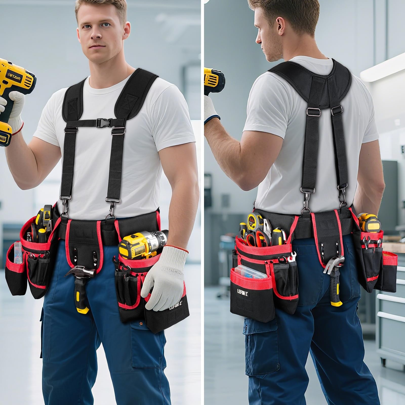 LEFOR·Z heavy-duty tool belt with suspenders featuring 27 pockets and magnetic tool holders for men, designed for durability and convenience.