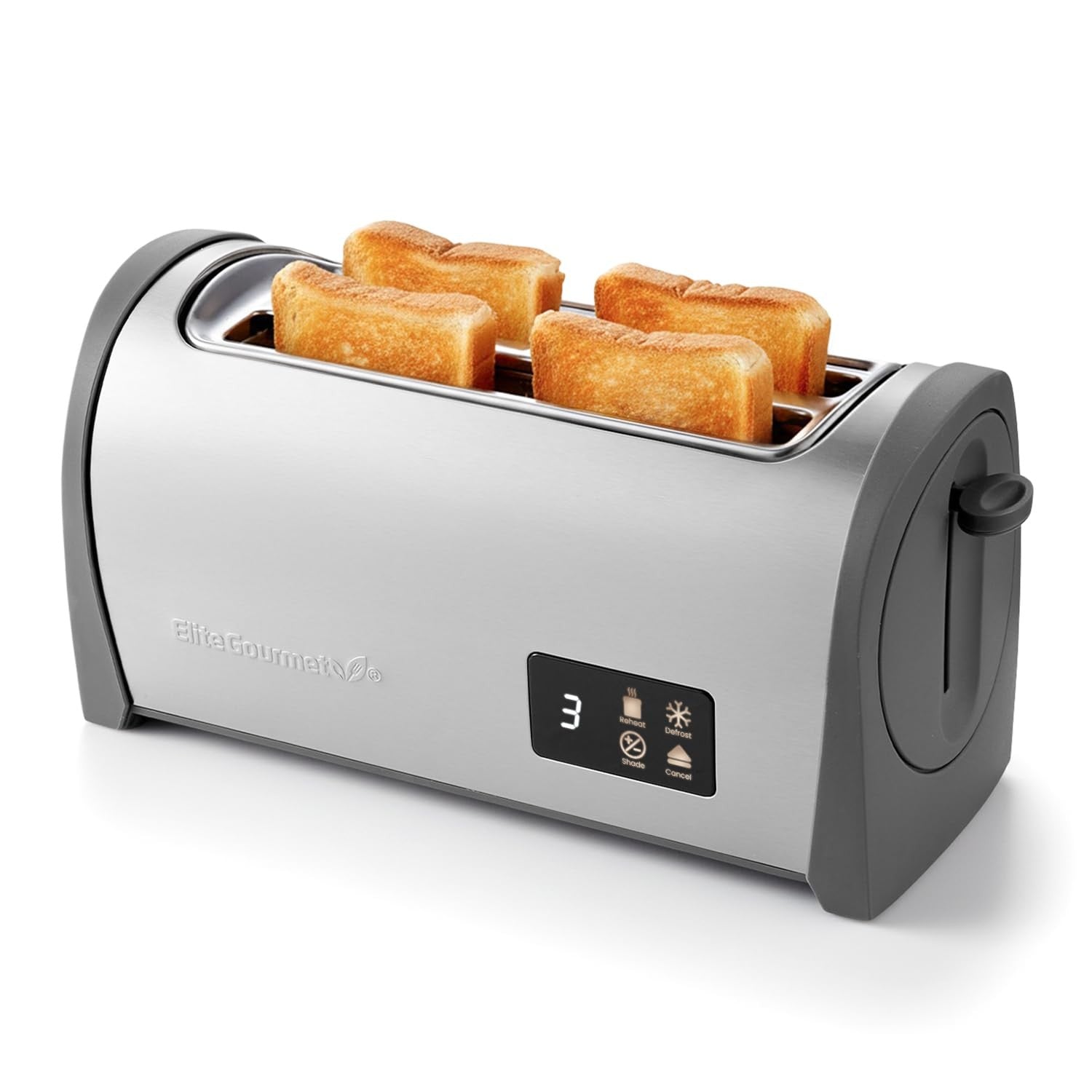 Elite Gourmet digital long slot 4-slice toaster with touch screen LED display, stainless steel exterior, and toast browning controls.