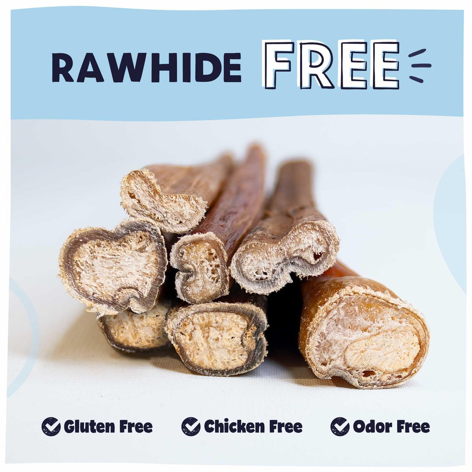 Pawstruck 8-12 inch bully sticks for dogs, rawhide-free and long-lasting, shown as natural beef chews on a white background.