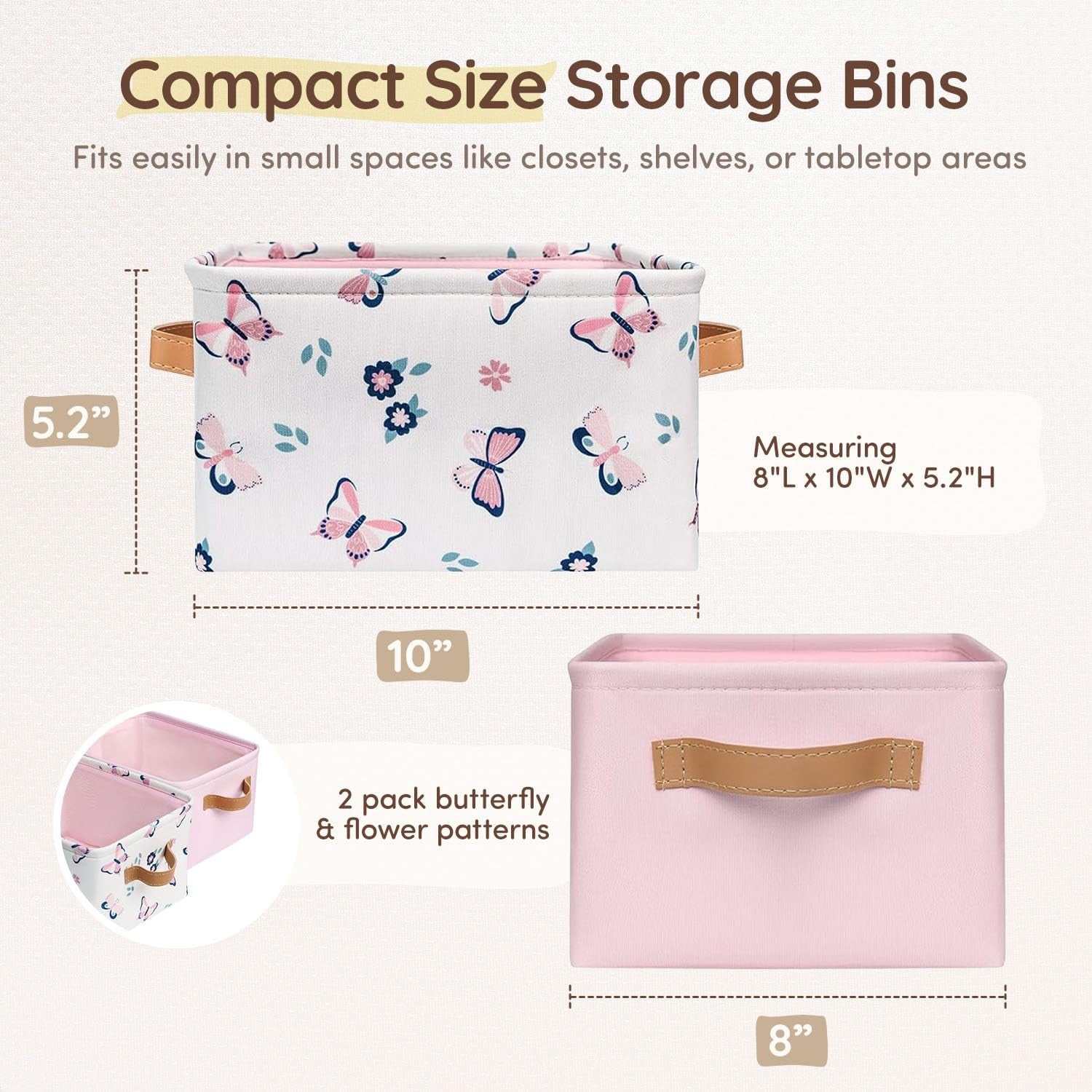 Pink butterfly fabric storage bins for nursery, collapsible canvas organizers