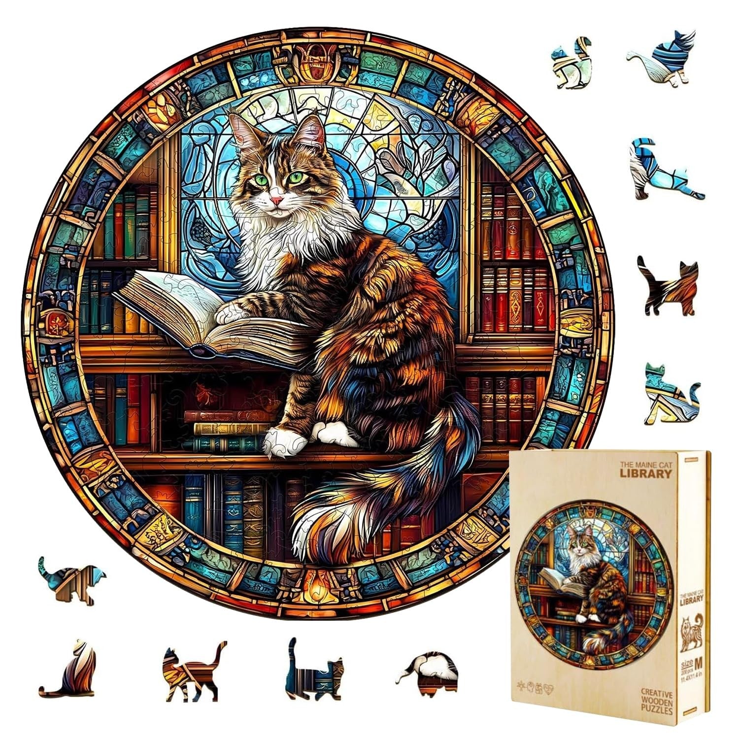 Jollitot Maine Cat Library wooden puzzle for adults, 200-piece jigsaw featuring detailed cat illustrations and library scene.