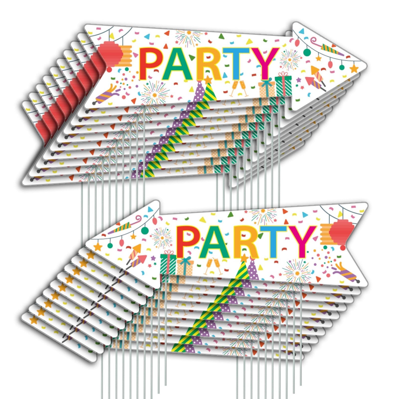 Double-sided party signs with stakes by WHWHW, 16x5 inches, made of corrugated material, displayed outdoors for event decoration.