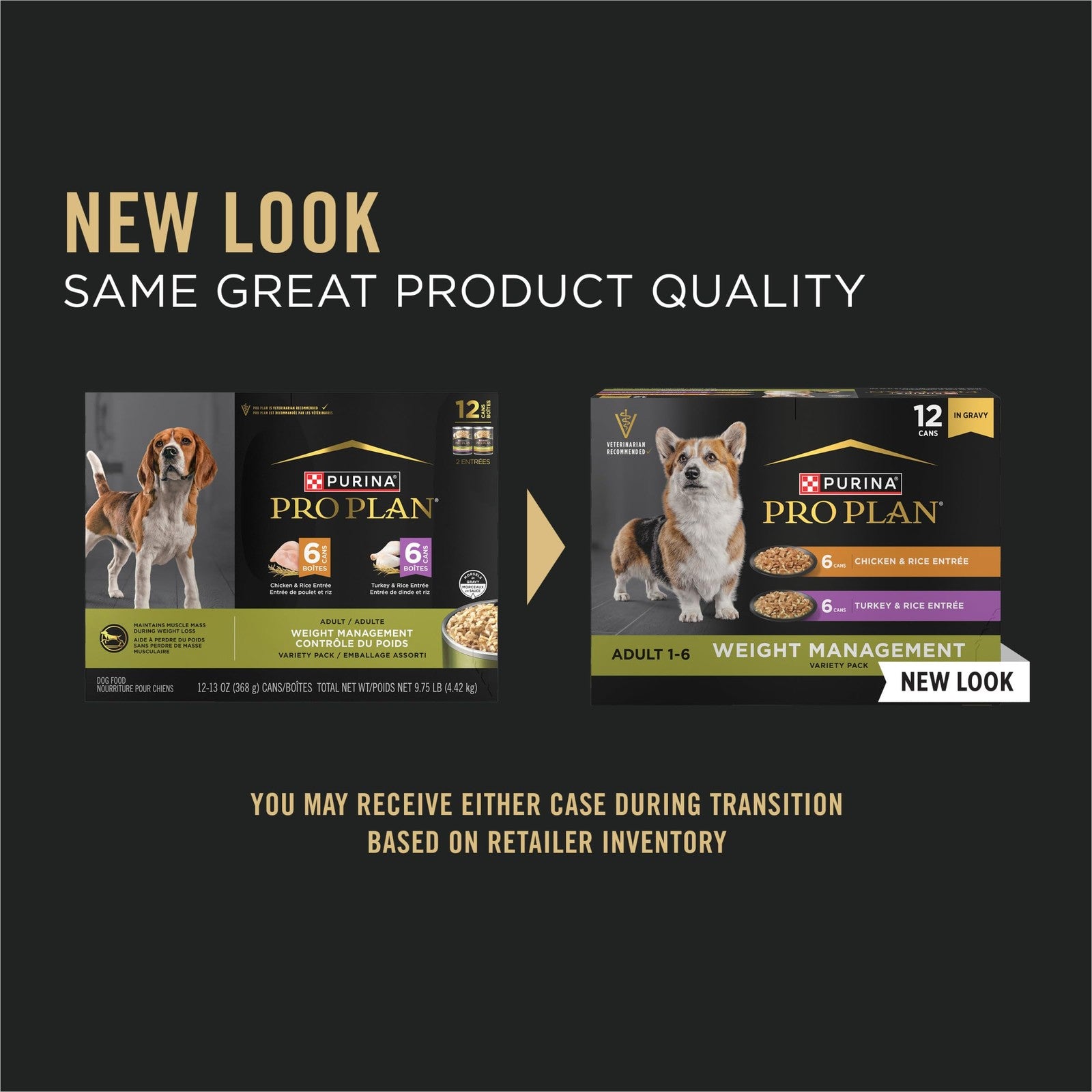 Cans of Purina Pro Plan Weight Management wet dog food with chicken and rice, showing the product label and food inside