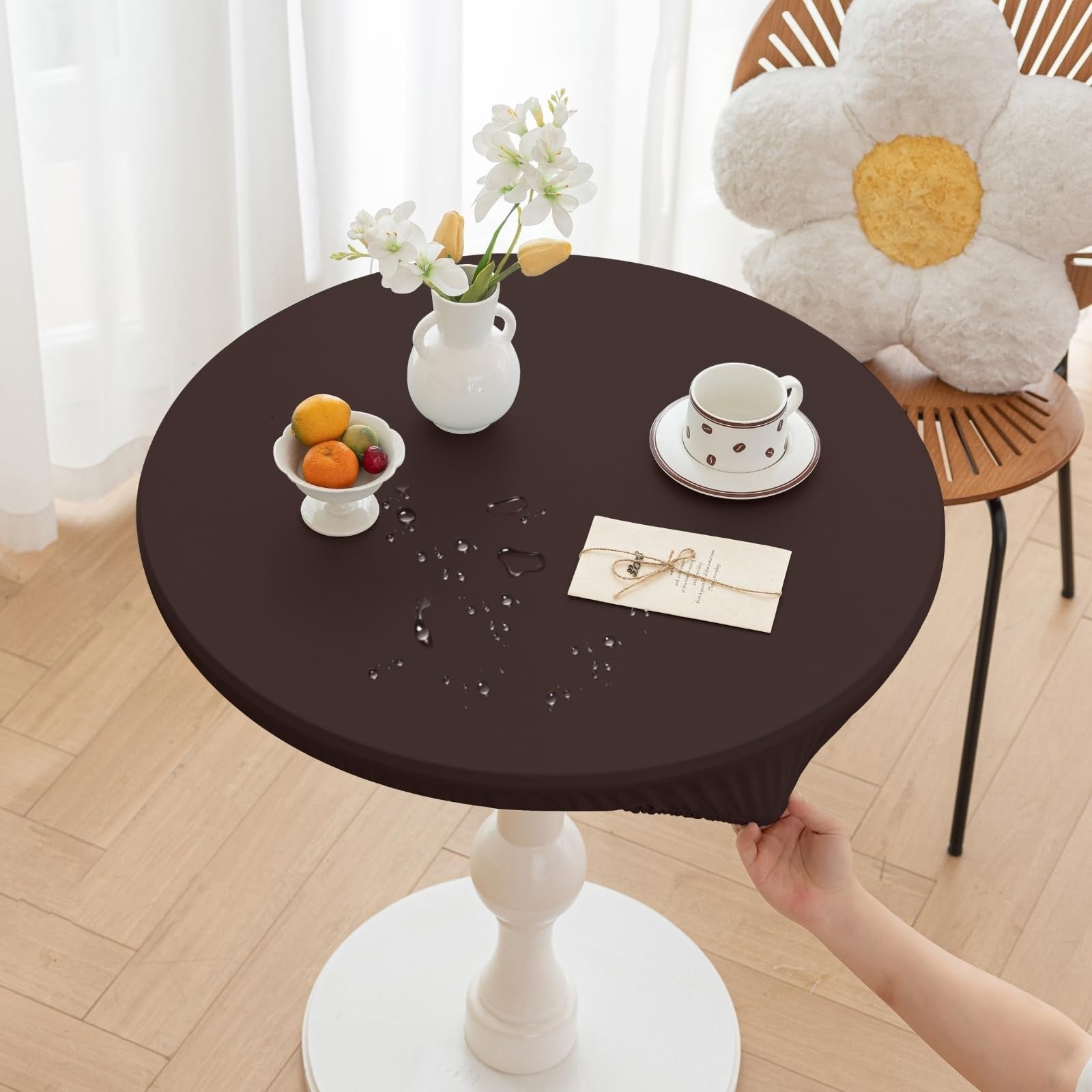 Huierxun round fitted PU tablecloth with 59-inch diameter, waterproof and oil-proof, showing a smooth, stain-resistant surface.