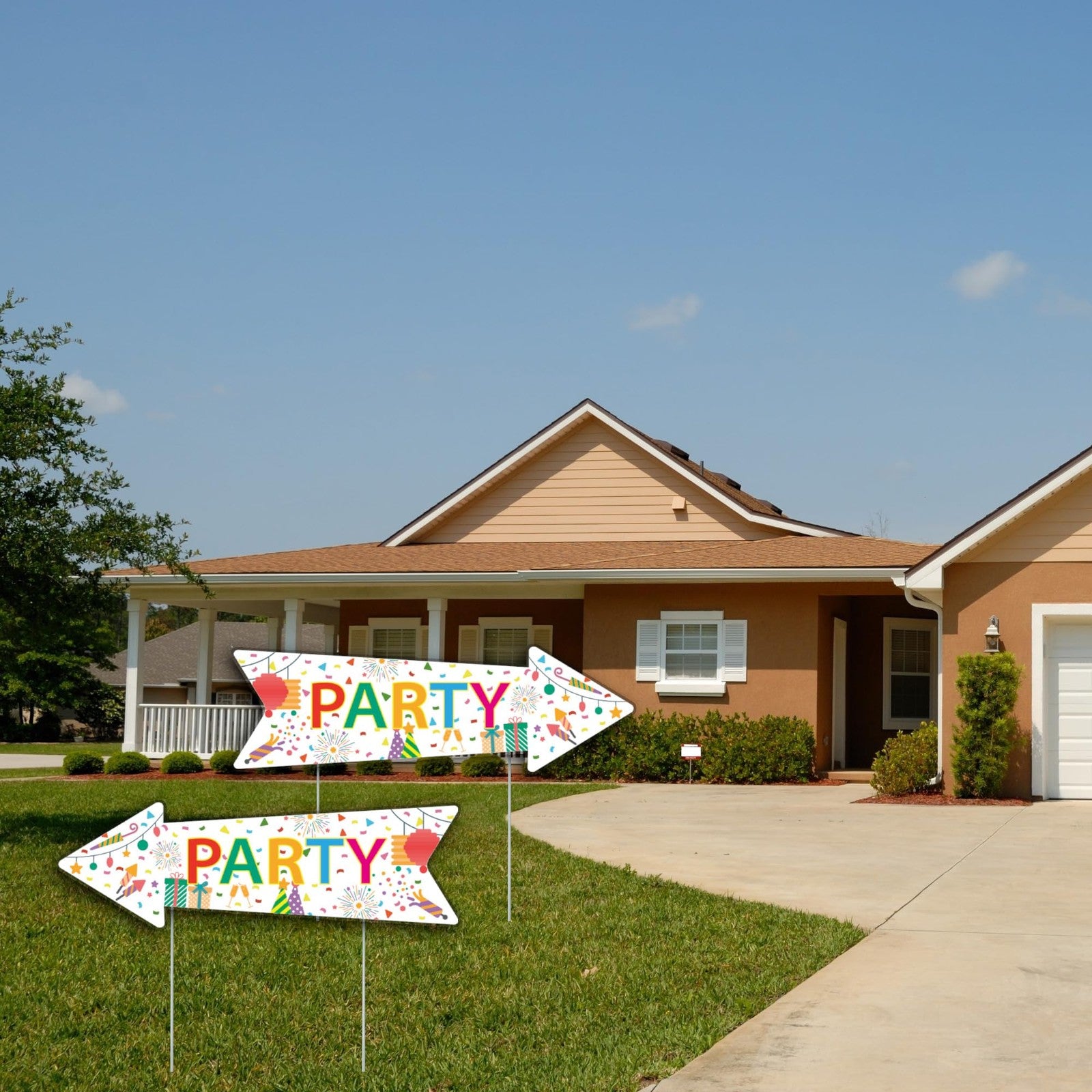 Double-sided party signs with stakes, 16 x 5 inches, made of corrugated material by WHWHW, displayed in an outdoor setting