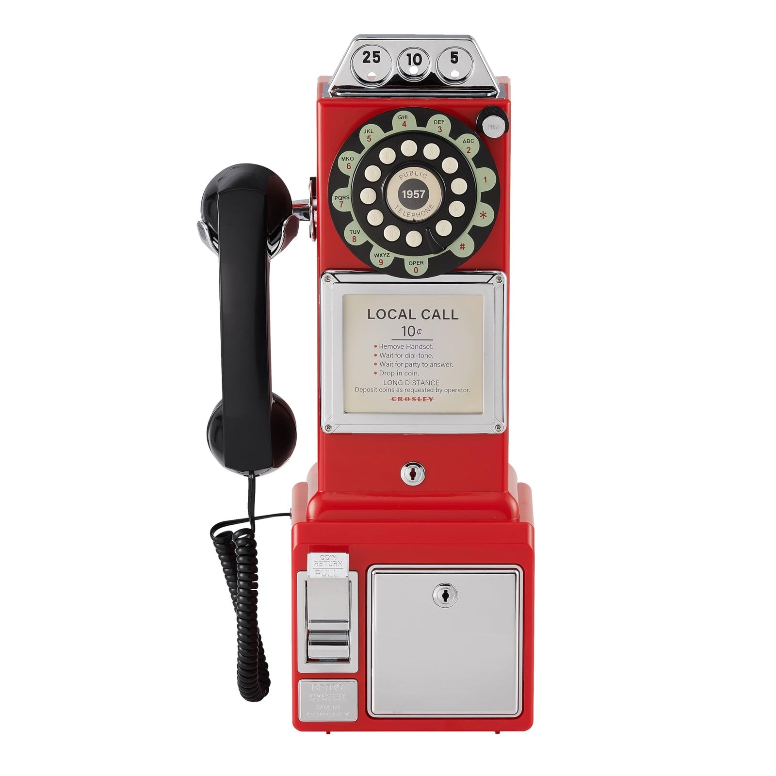 Red Crosley CR56-RE 1950s payphone with push button technology, vintage-style phone displayed on a white background.