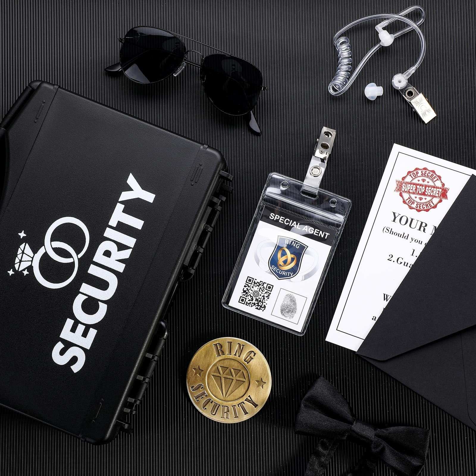 Aoriher black wedding ring bearer set with sunglasses, badges, bow ties, ID cards, and briefcases in plastic material