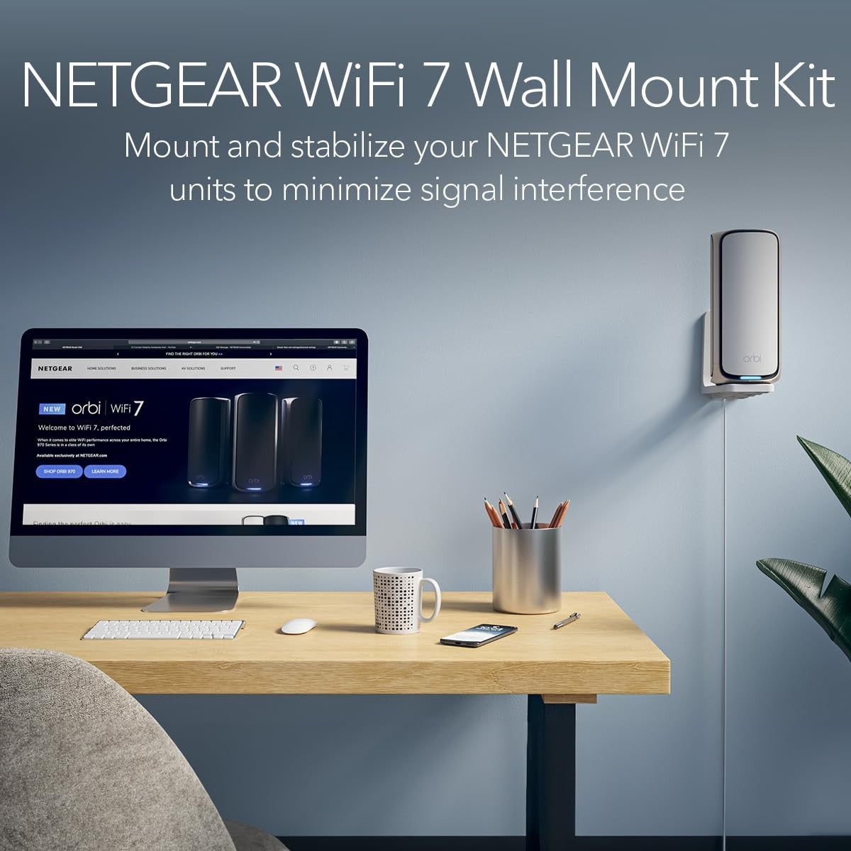 NETGEAR WiFi 7 wall mount kit for Orbi and Nighthawk routers, shown with mounting hardware and instructions.