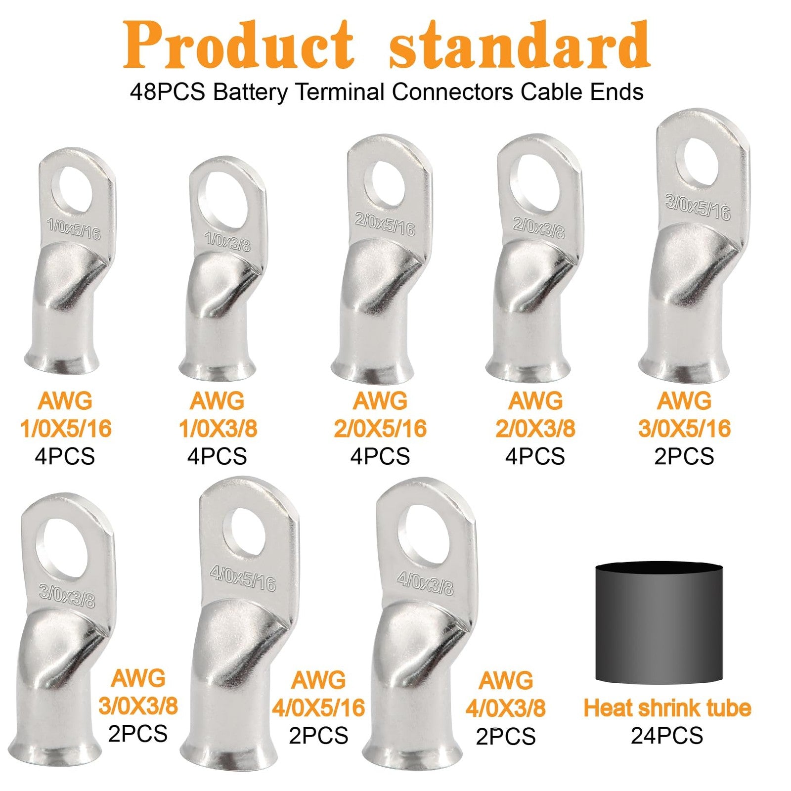 Taukealugs 48-piece battery tinned terminal connectors for cables, AWG 1/0 to 4/0, with metal ends and insulated covers.