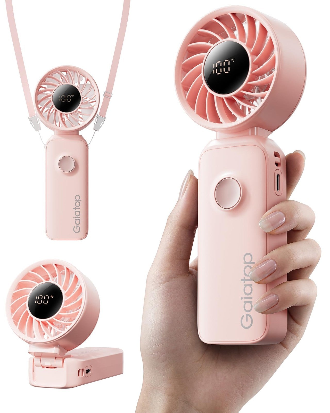 Gaiatop portable handheld fan with 5 speeds, rechargeable battery, and 3-in-1 neck design, shown in use with adjustable angles.