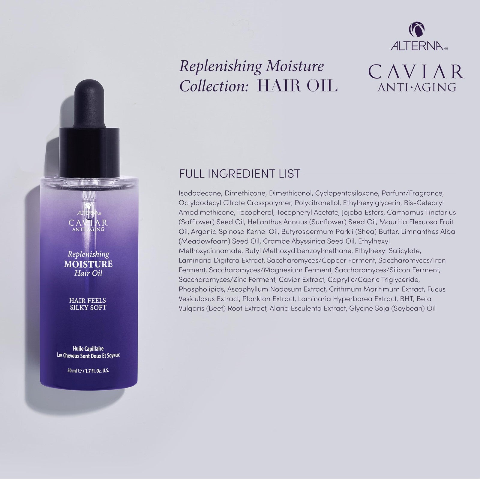 Alterna CAVIAR Anti-Aging Replenishing Moisture Hair Oil in 1.7 oz bottle, lightweight formula for nourishing hair.
