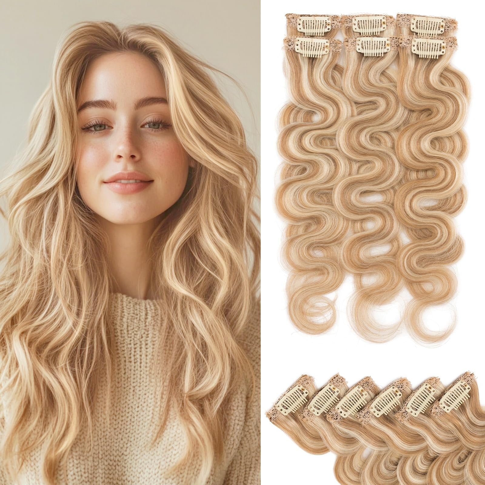 Rich Choices clip-in hair extension with real human wave and curly hair, six-piece set featuring single clips for easy attachment.