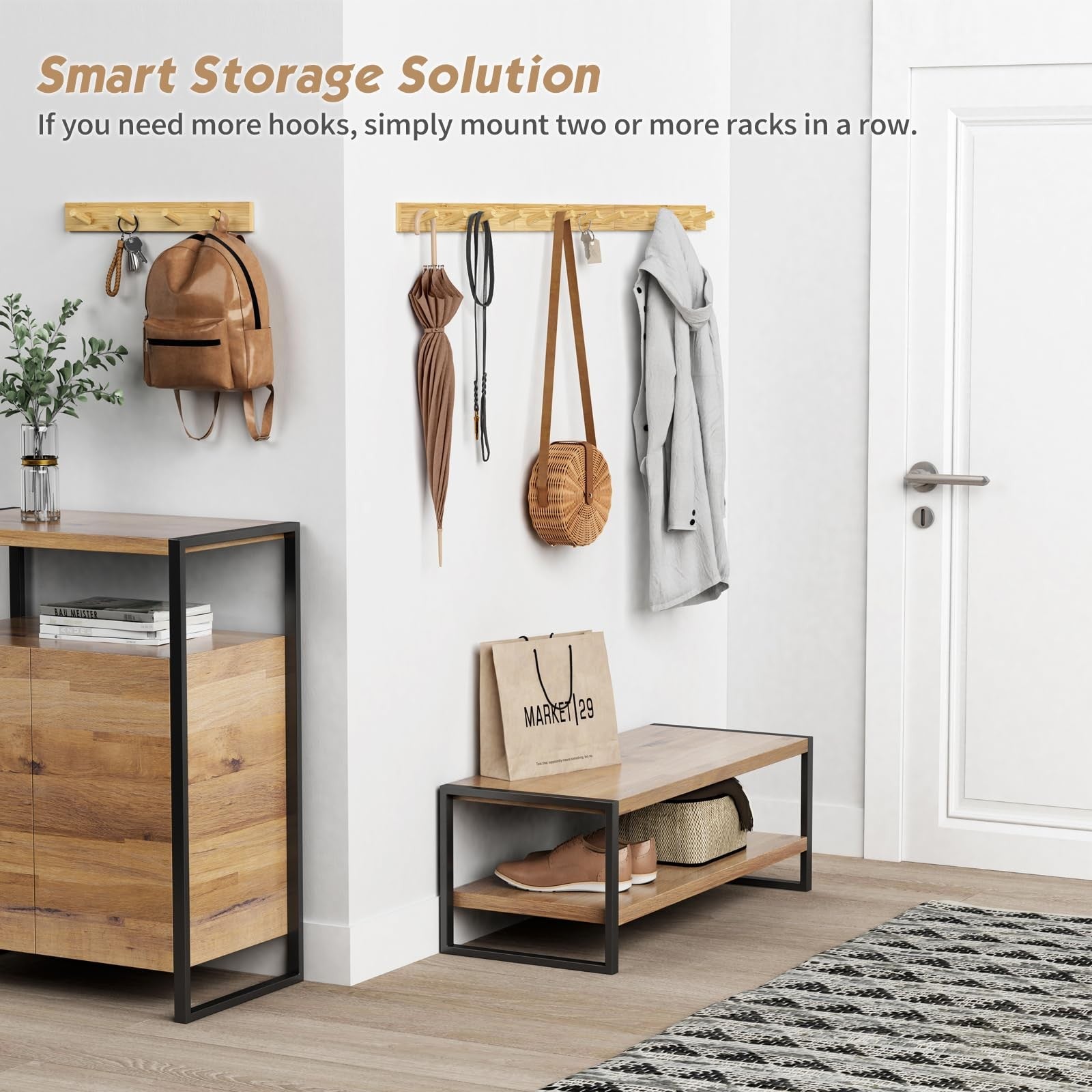 Forbena natural wood wall mount coat rack set of 4 with hooks, ideal for bathroom or entryway organization and decor.