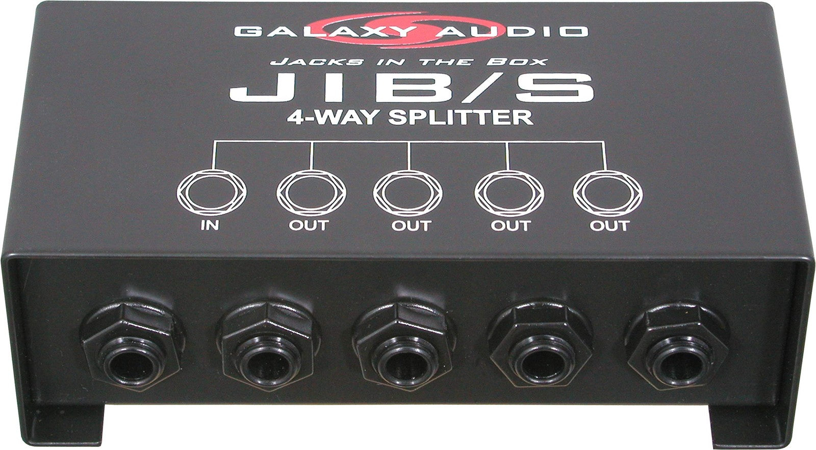 Galaxy Audio JIB/S 4-Way Splitter showing multiple audio output ports on a compact black device.