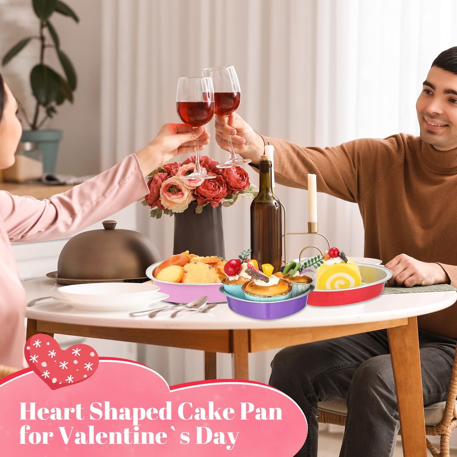 Fainne 20 sets of 5-inch aluminum foil heart-shaped cake pans for Valentine's Day baking, shown stacked and ready for use.
