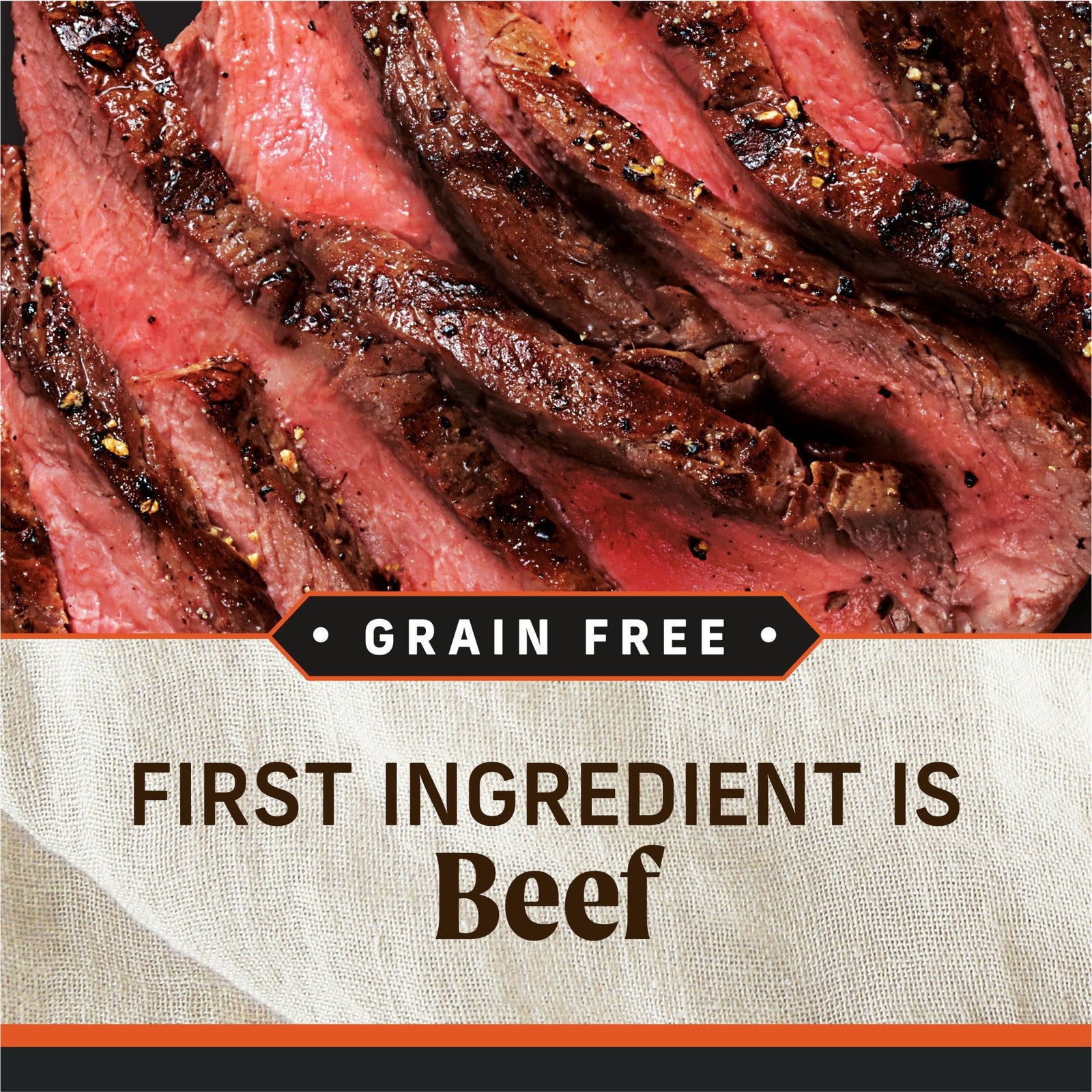 Canned dog food by Merrick featuring real Texas beef dinner with grain-free, natural ingredients in a 13-ounce can.