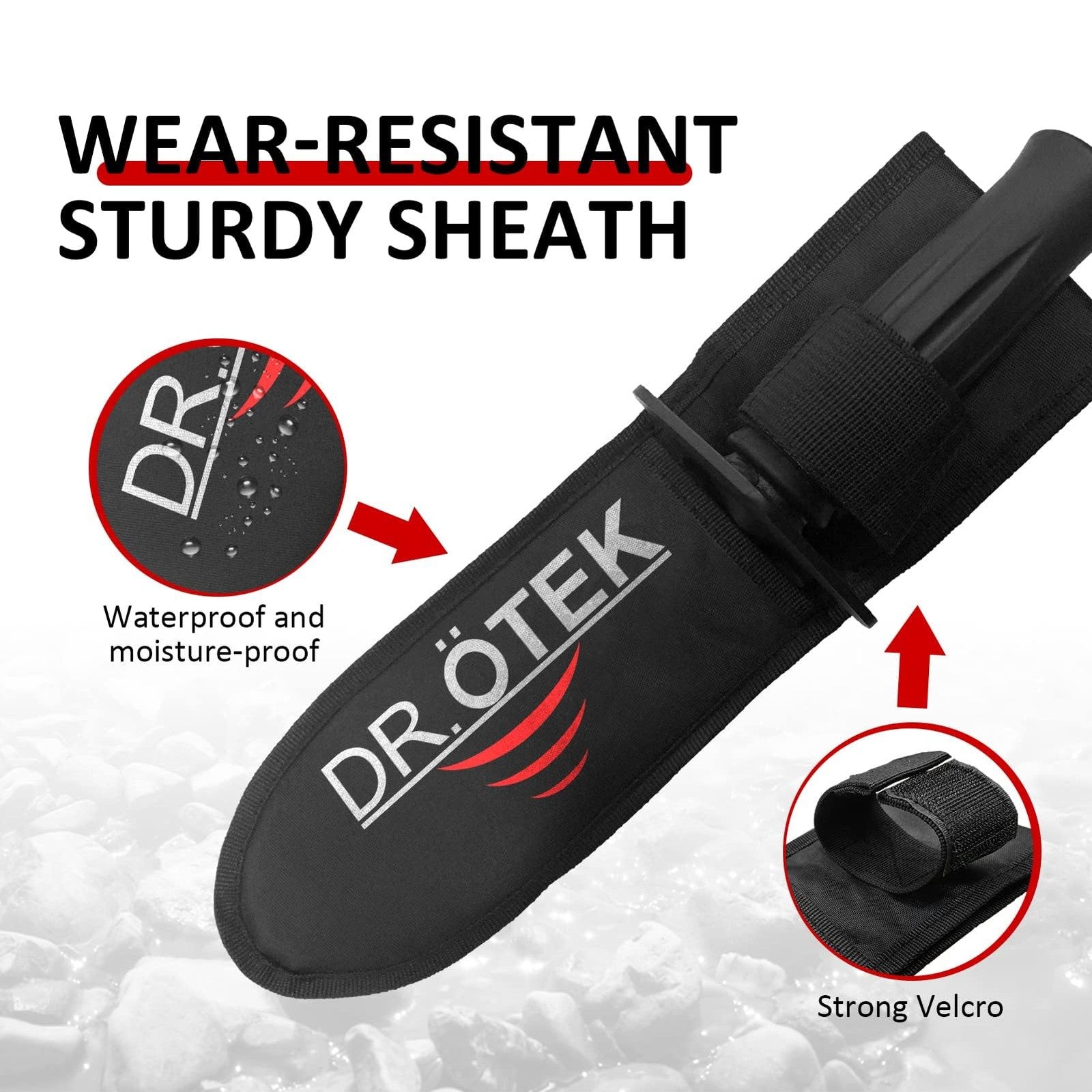 DR.ÖTEK metal detector shovel for digging, heavy-duty steel construction with double serrated blade, ideal for metal detecting and excavation.