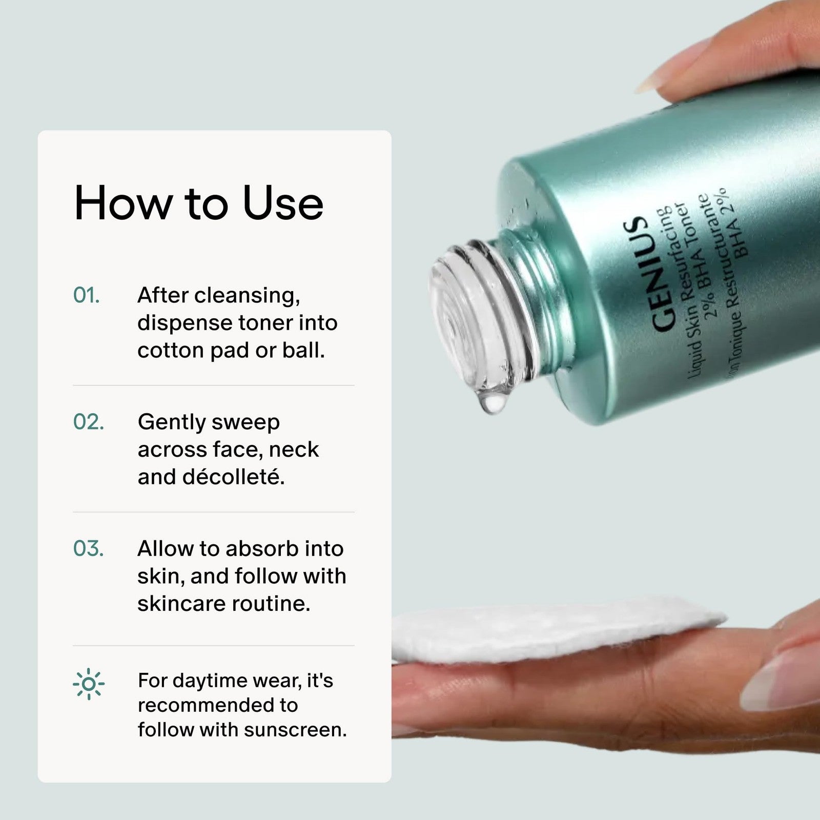 Algenist Genius Liquid Skin Resurfacing Face Toner with 2% BHA, featuring a clear bottle and applicator for gentle exfoliation.