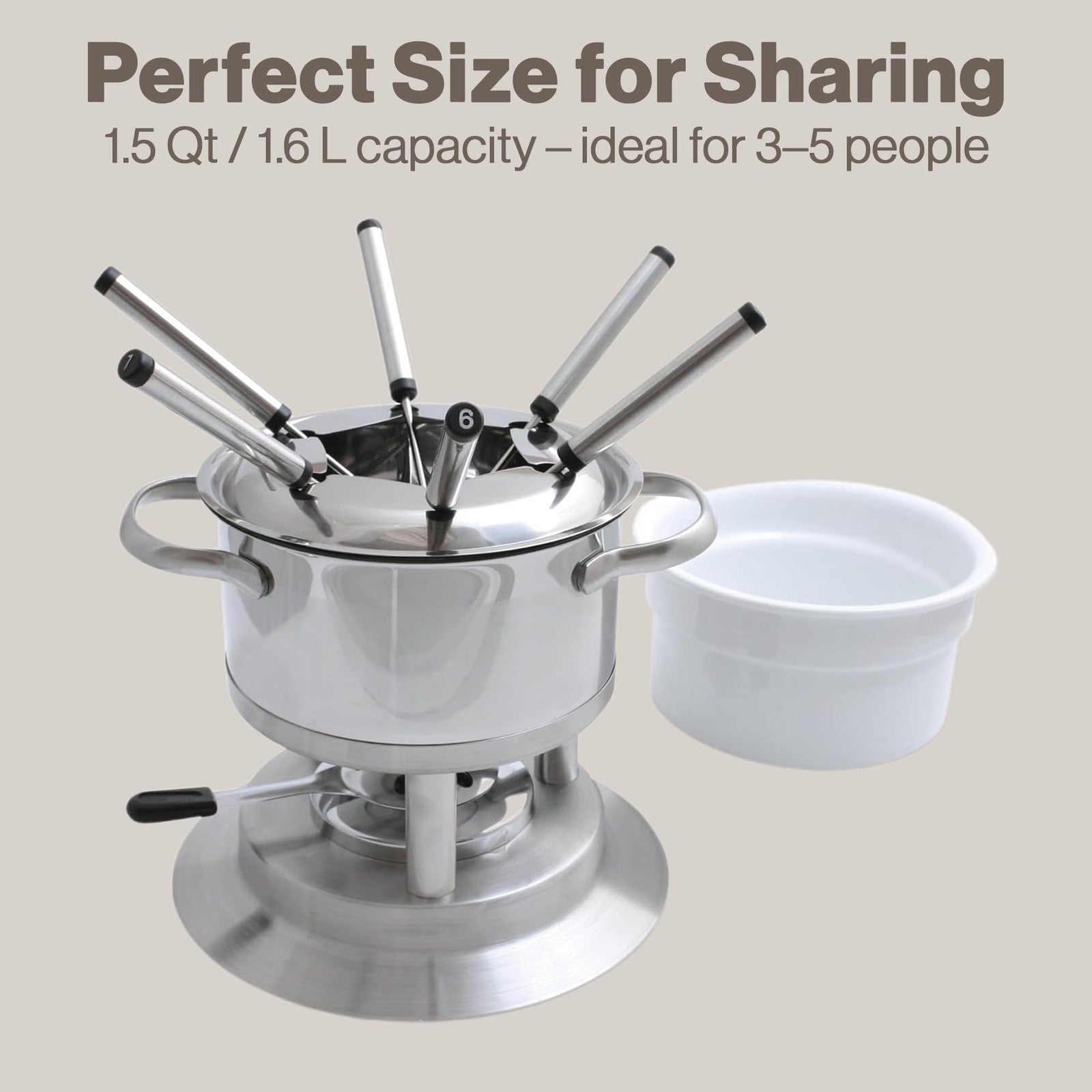 Swissmar Arosa 11-piece stainless steel 3-in-1 fondue set with pot, forks, and stand for cheese, chocolate, and broth fondues.