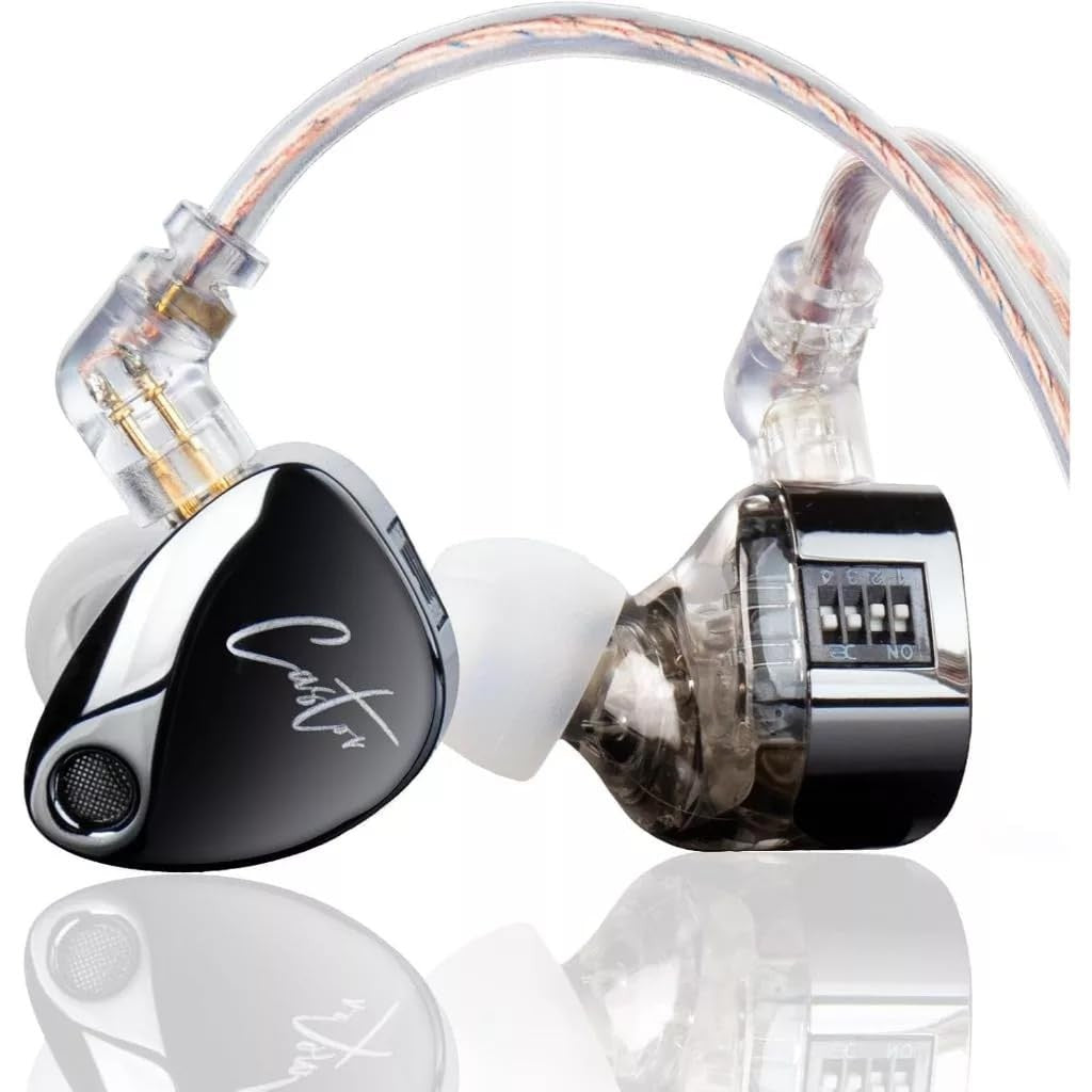 KZ Castor improved bass earbuds with microphone and inline controls, featuring sleek black design and ergonomic ear tips.