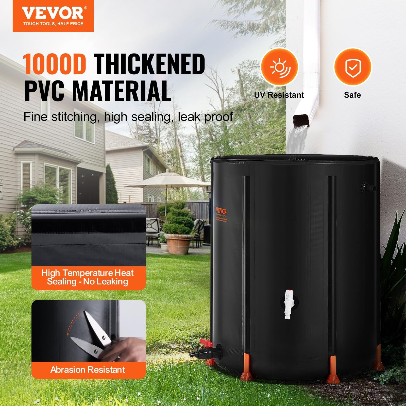 VEVOR 53-gallon collapsible rain barrel for collecting and storing rainwater, portable water collection container with foldable design.