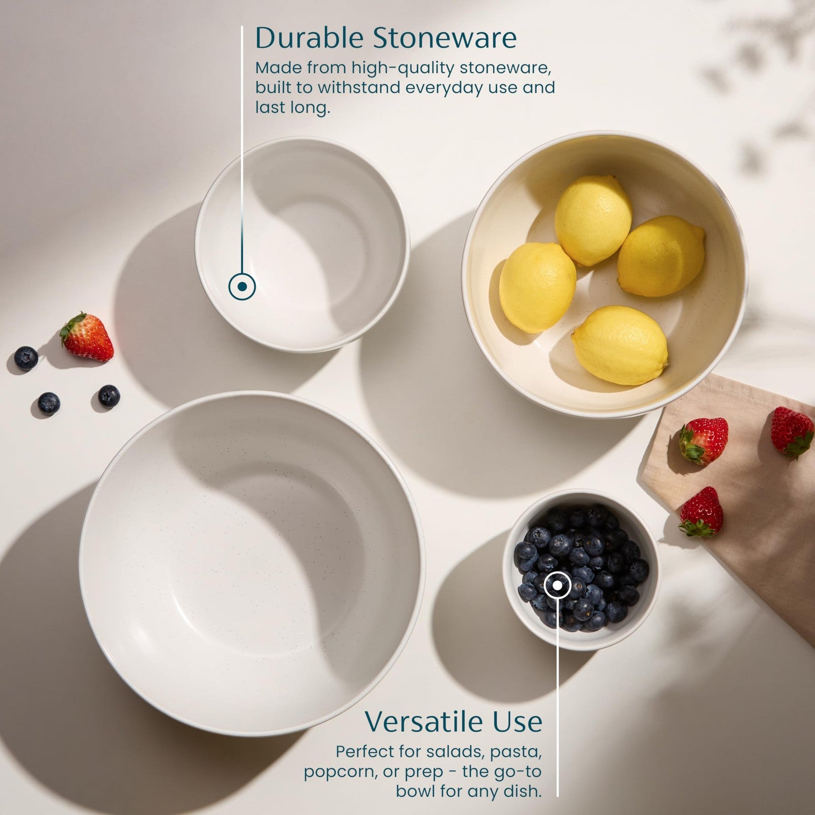 Set of KooK ceramic mixing bowls, nesting stoneware kitchen bowls for prep and cooking, with colorful interior designs.