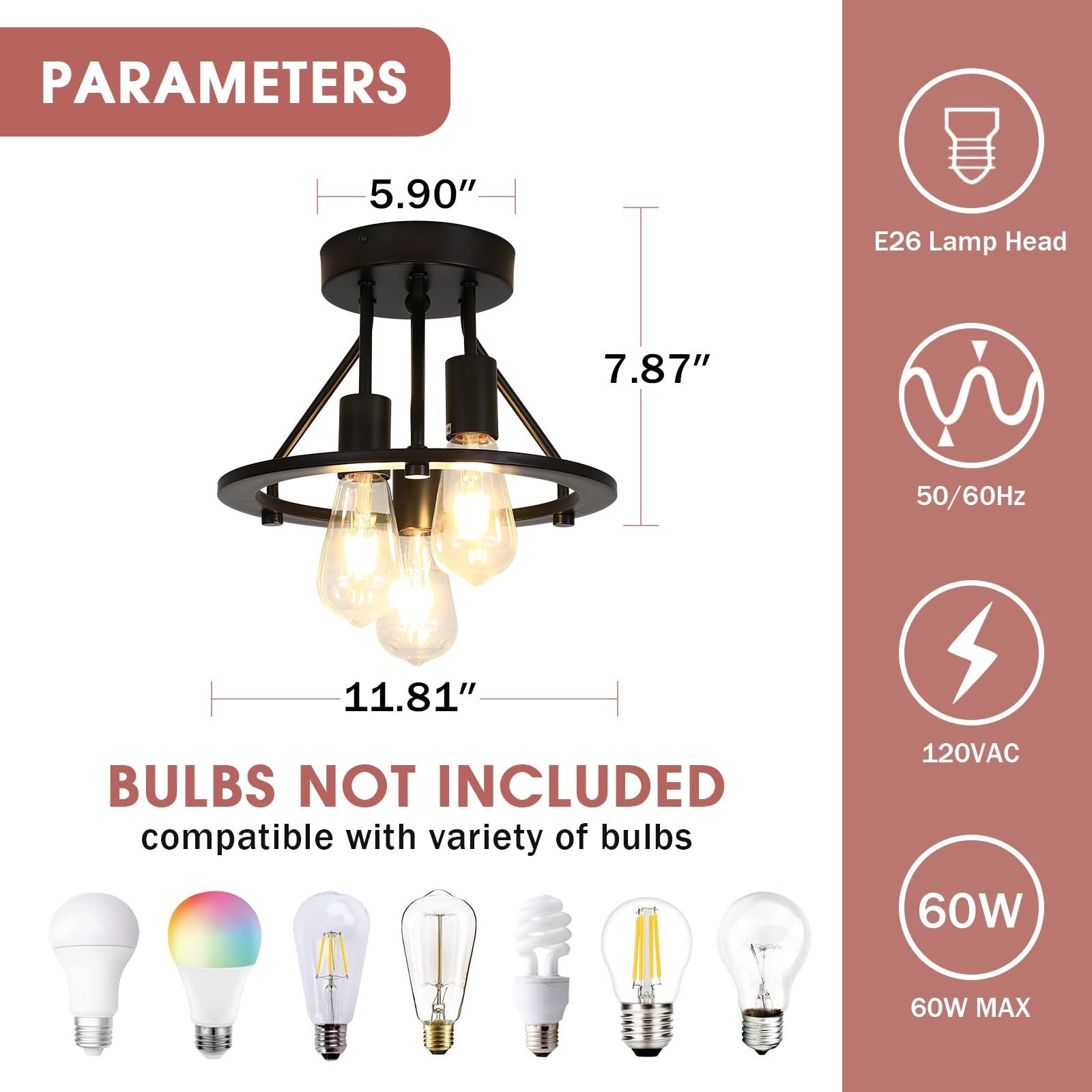 Qgiytp semi-flush mount ceiling light fixture with three matte black lights, modern design for living room or hallway lighting.