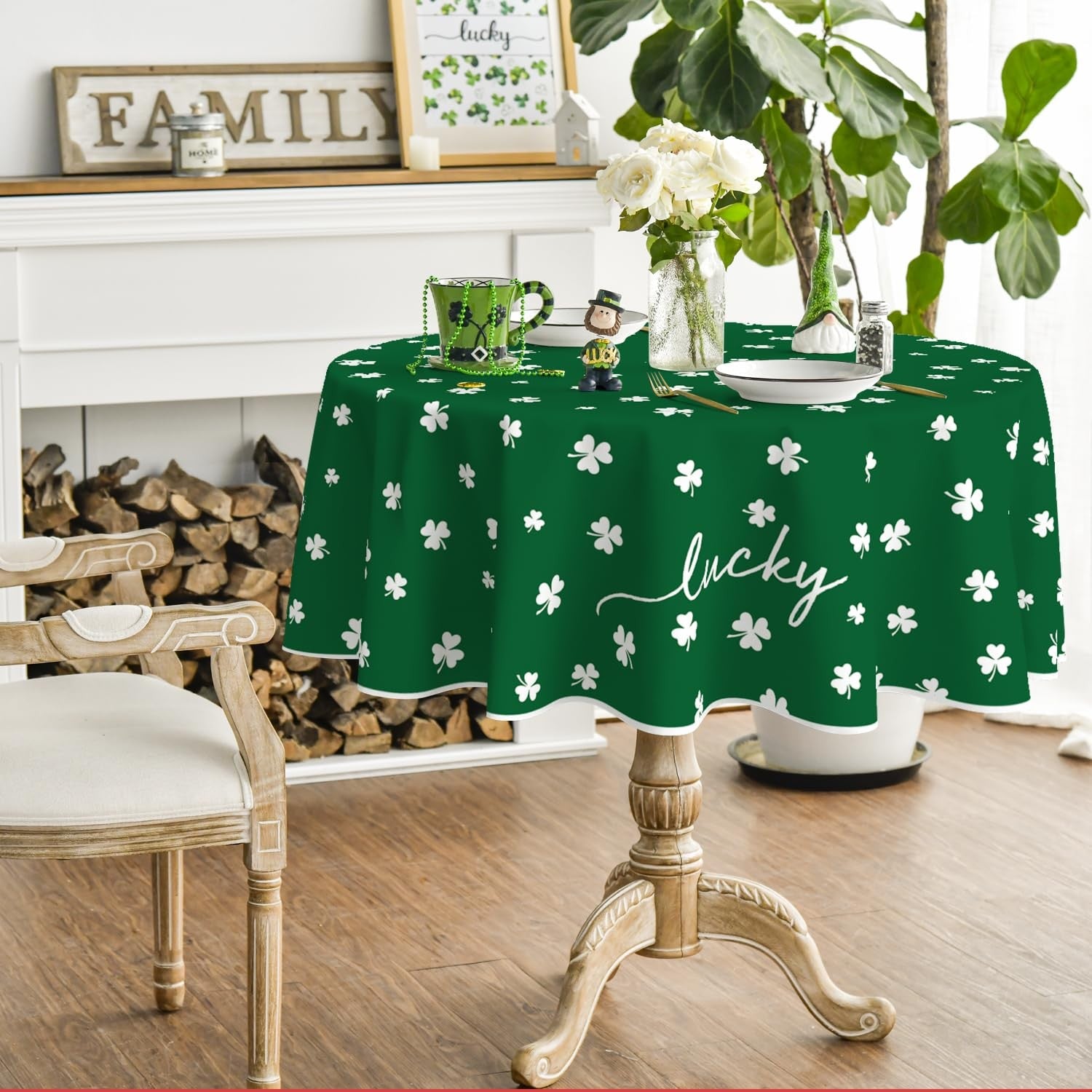 Horaldaily St. Patrick's Day round tablecloth featuring Irish clover and shamrock design, 90x90 inches for festive celebrations.