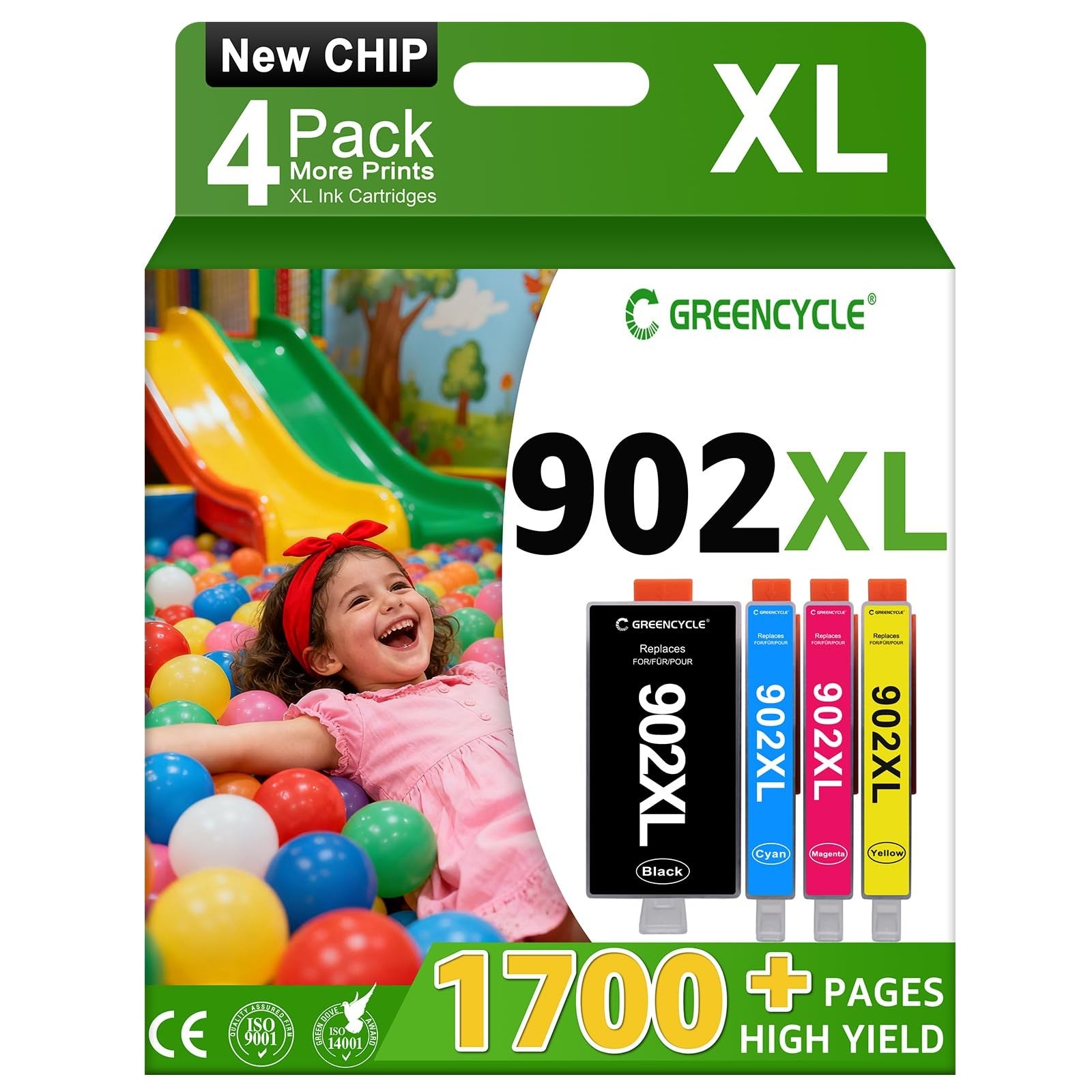 GreenCycle HP 902 XL ink cartridges combo pack for HP Officejet printers, including green and black ink cartridges.
