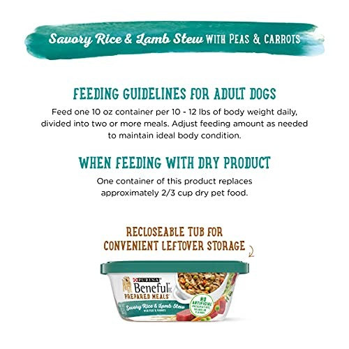 Beneful Purina Lamb & Rice Stew prepared dog meal in 10 oz. tubs, showing creamy stew with lamb pieces and rice in a pet bowl.