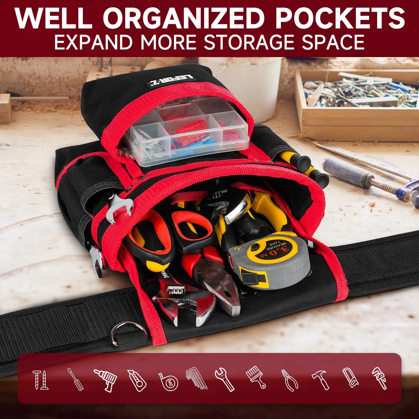 Heavy-duty LEFOR·Z tool belt with suspenders and 27 pockets, featuring magnetic tool holders, designed for men’s construction work.