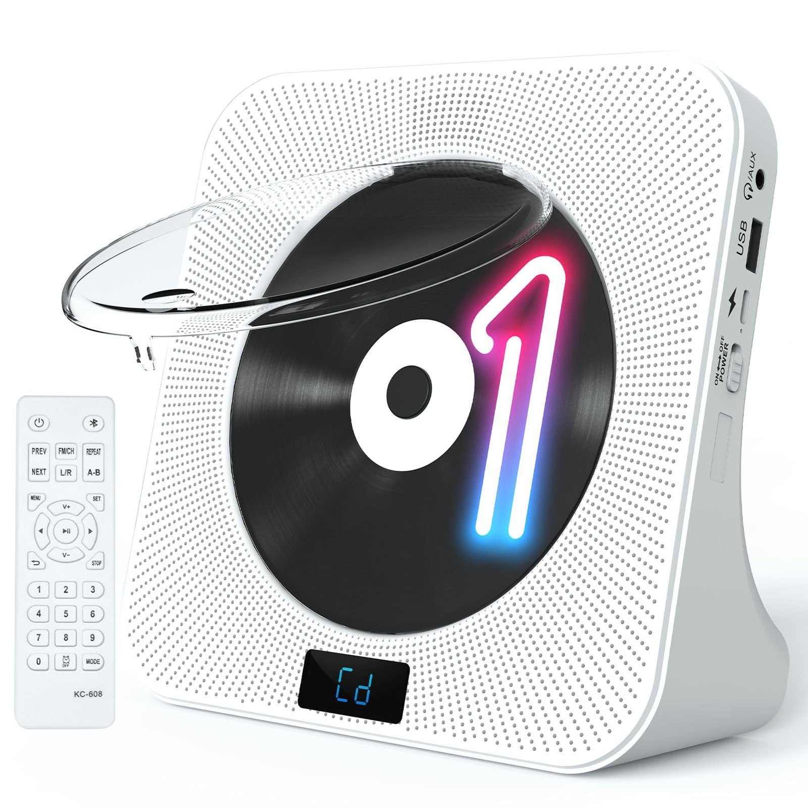 Jimwey portable white CD player with Bluetooth, HiFi speakers, FM radio, USB, and AUX input, shown with buttons and display screen.