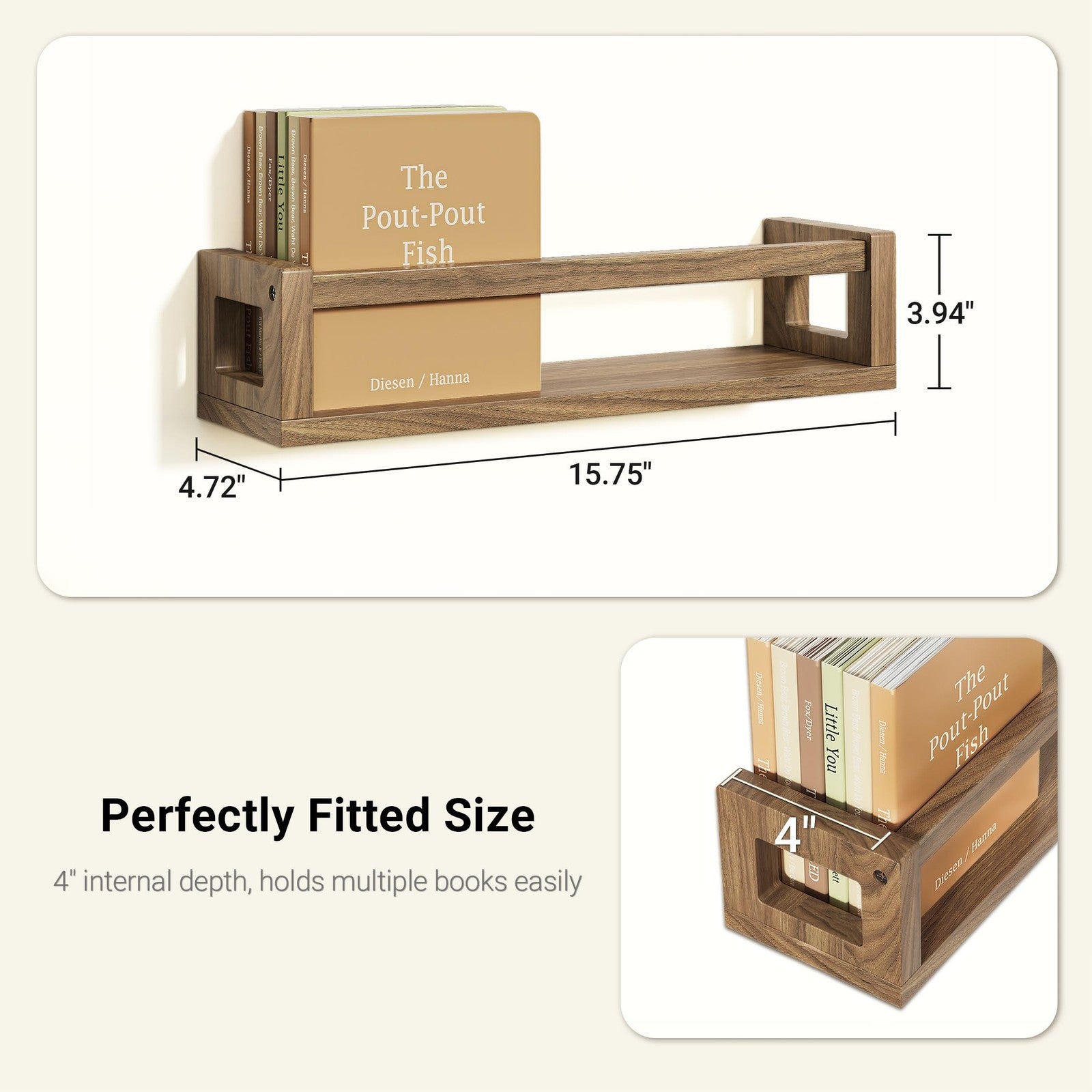 TidyCorner upgraded thick solid wood floating bookshelf mounted on wall, showcasing a modern, sturdy design for books or decor.