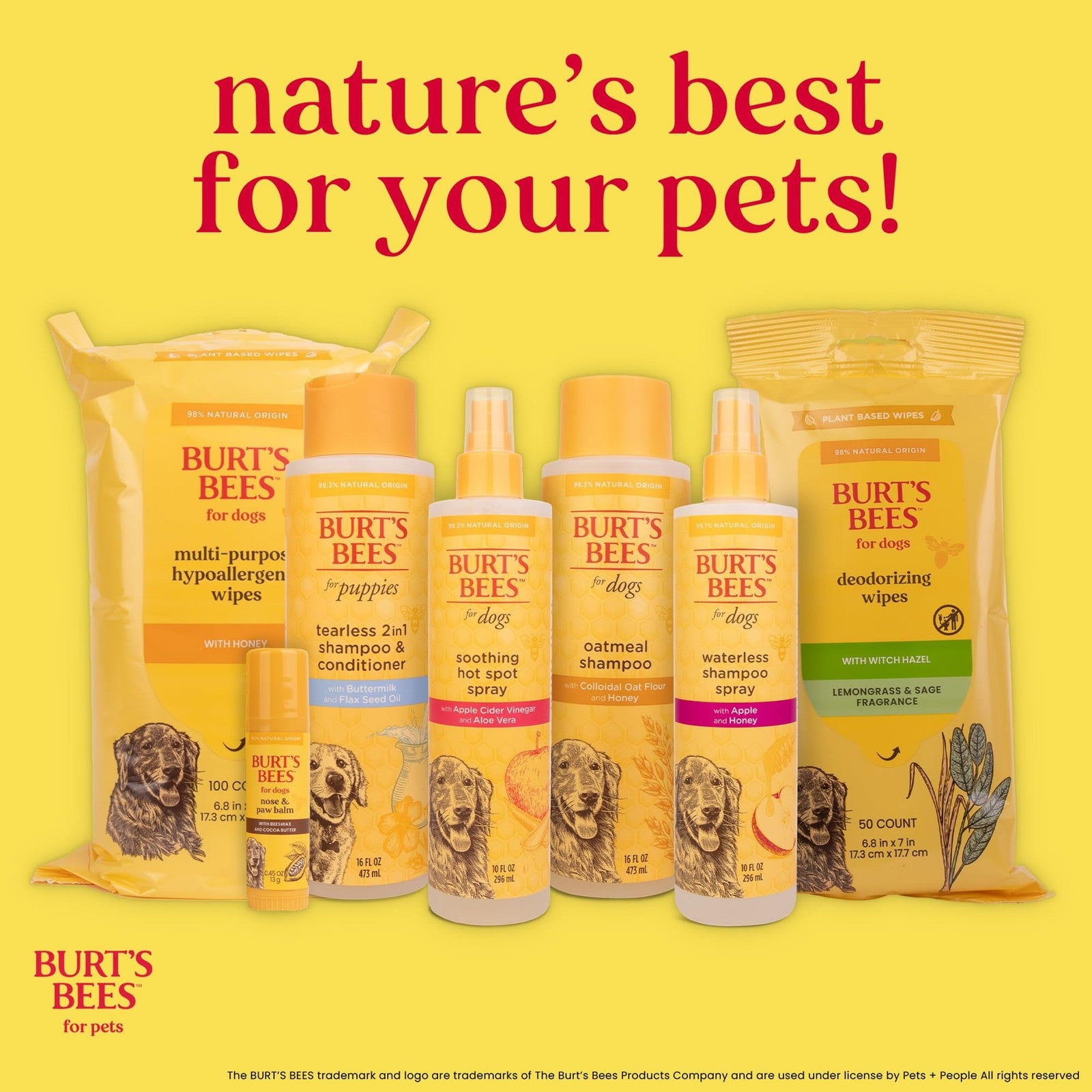 Burt's Bees for Pets double-sided dog brush with pin and hemp bristle sides for grooming and deshedding pets.