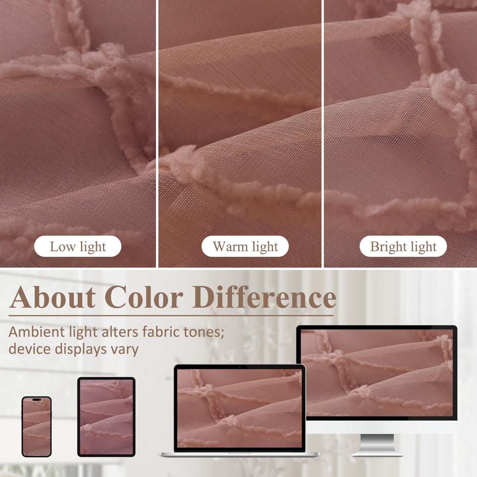 Hokibero extra long canyon rose sheer curtains, 108-inch length, hanging in a living room with natural light and elegant drape.