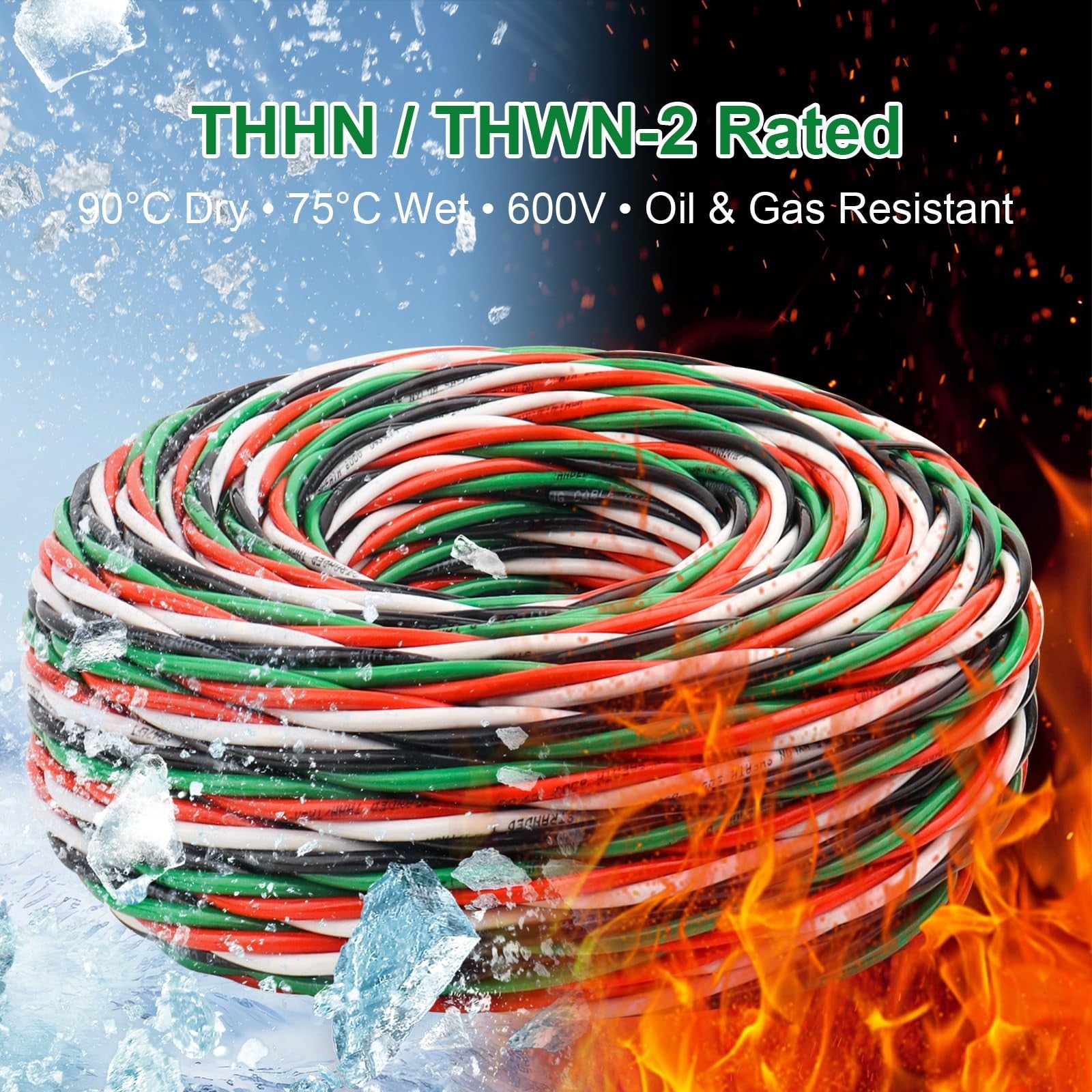 XRDS-RF 12 AWG THHN wire 25ft, four-color pre-twisted cable set in black, white, red, and green for electrical projects.