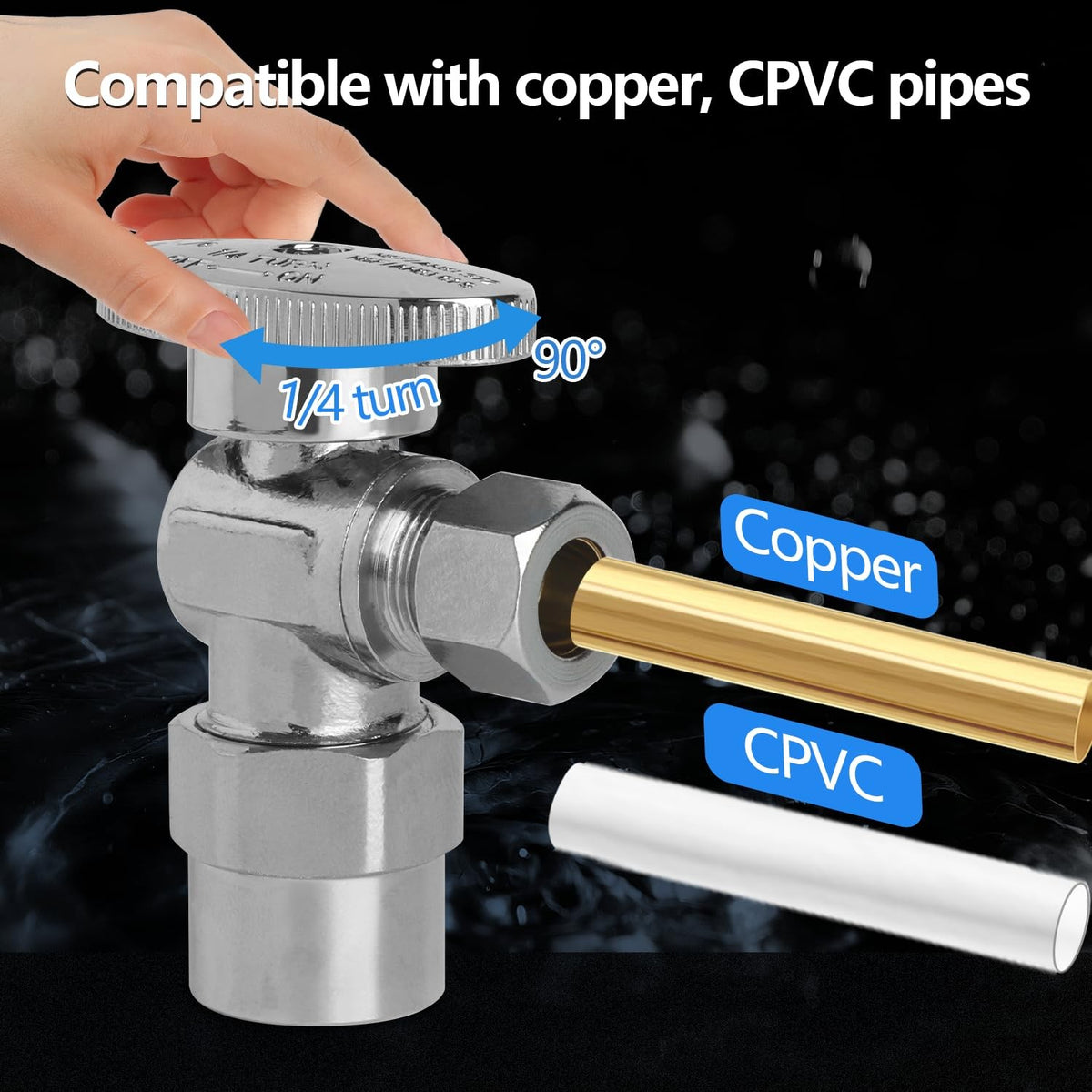 WiseWater angle stop valve with chrome finish, 1/2 CPVC to 3/8 compression, quarter turn handle for plumbing control