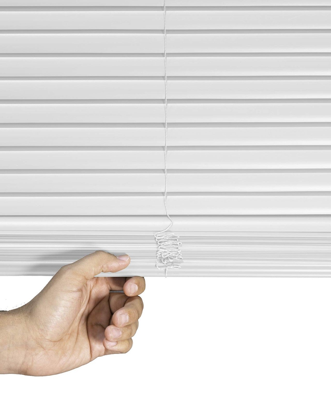 White vinyl mini blinds for indoor windows, 47W x 84H, by CHICOLOGY, featuring horizontal slats for light control.