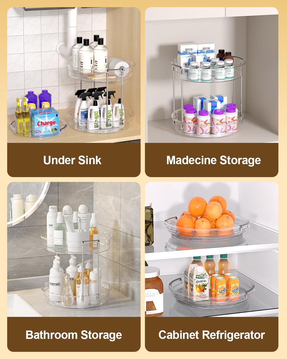 Incostar 2-pack Lazy Susan organizers with two tiers, 9.25 and 11.81 inches, showing circular turntable with items inside.