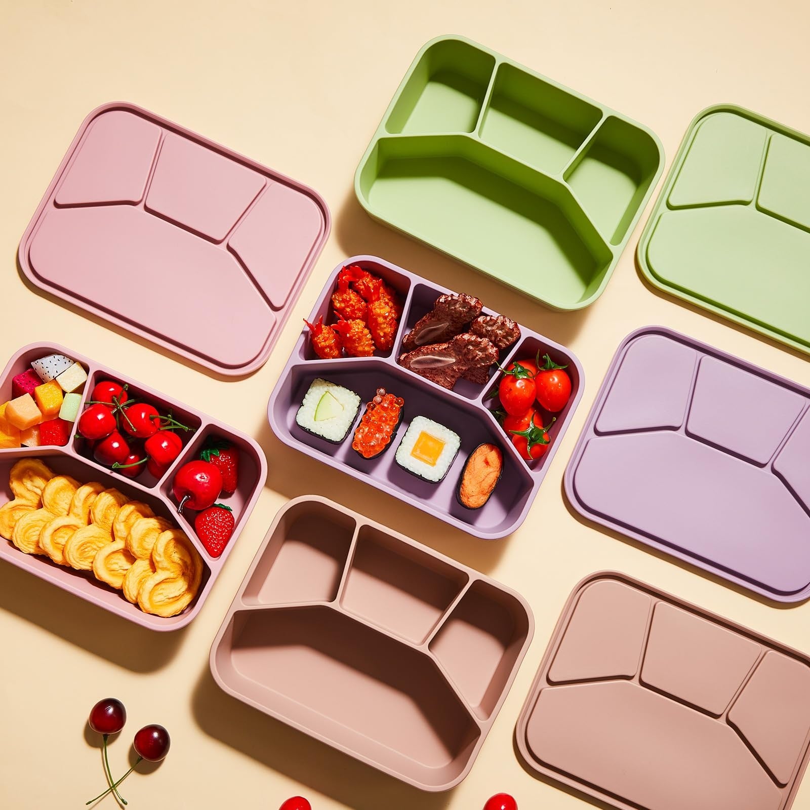 Ziliny 4-piece silicone bento box set with leak-proof lids, reusable lunch containers in vibrant colors, suitable for meal prep.
