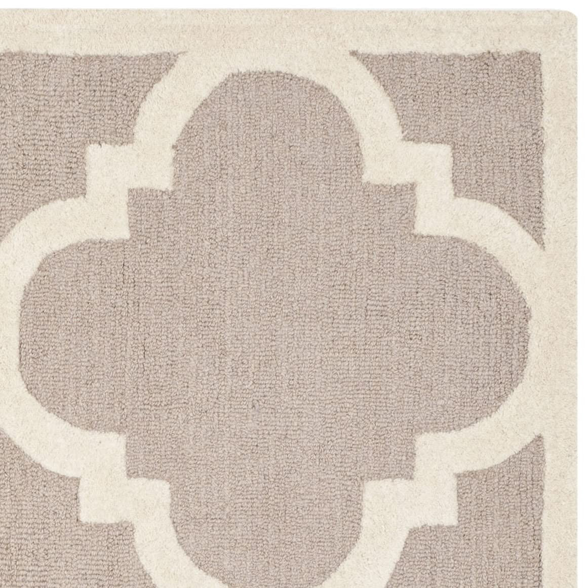 Safavieh Cambridge Collection beige ivory handmade Moroccan area rug with intricate patterns, square shape, and soft texture.