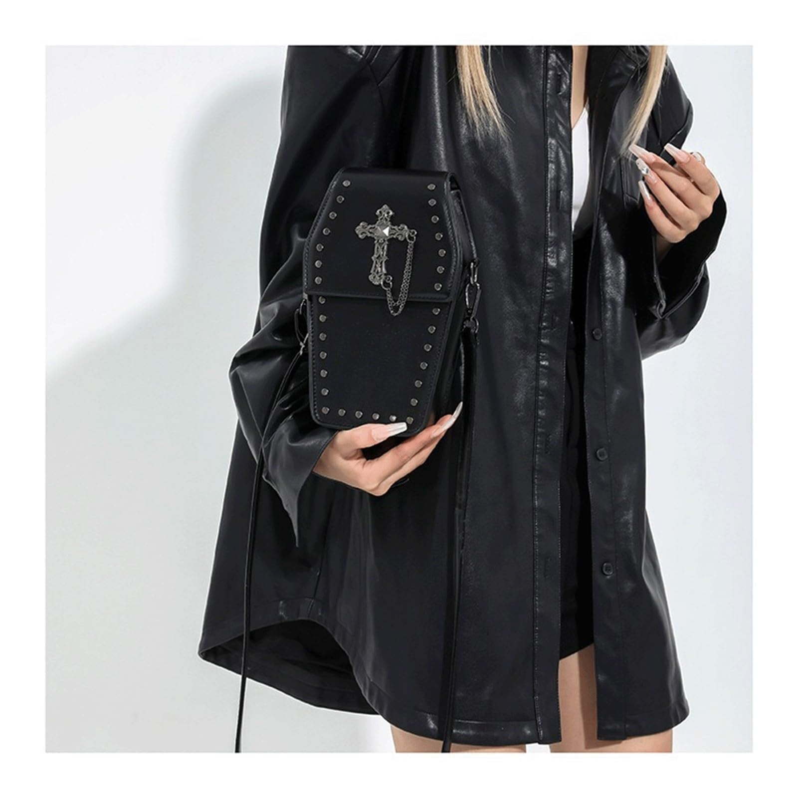 Black Goth coffin purse by LOTUSTAR featuring a cross shoulder strap, perfect for Halloween or gothic fashion accessories.