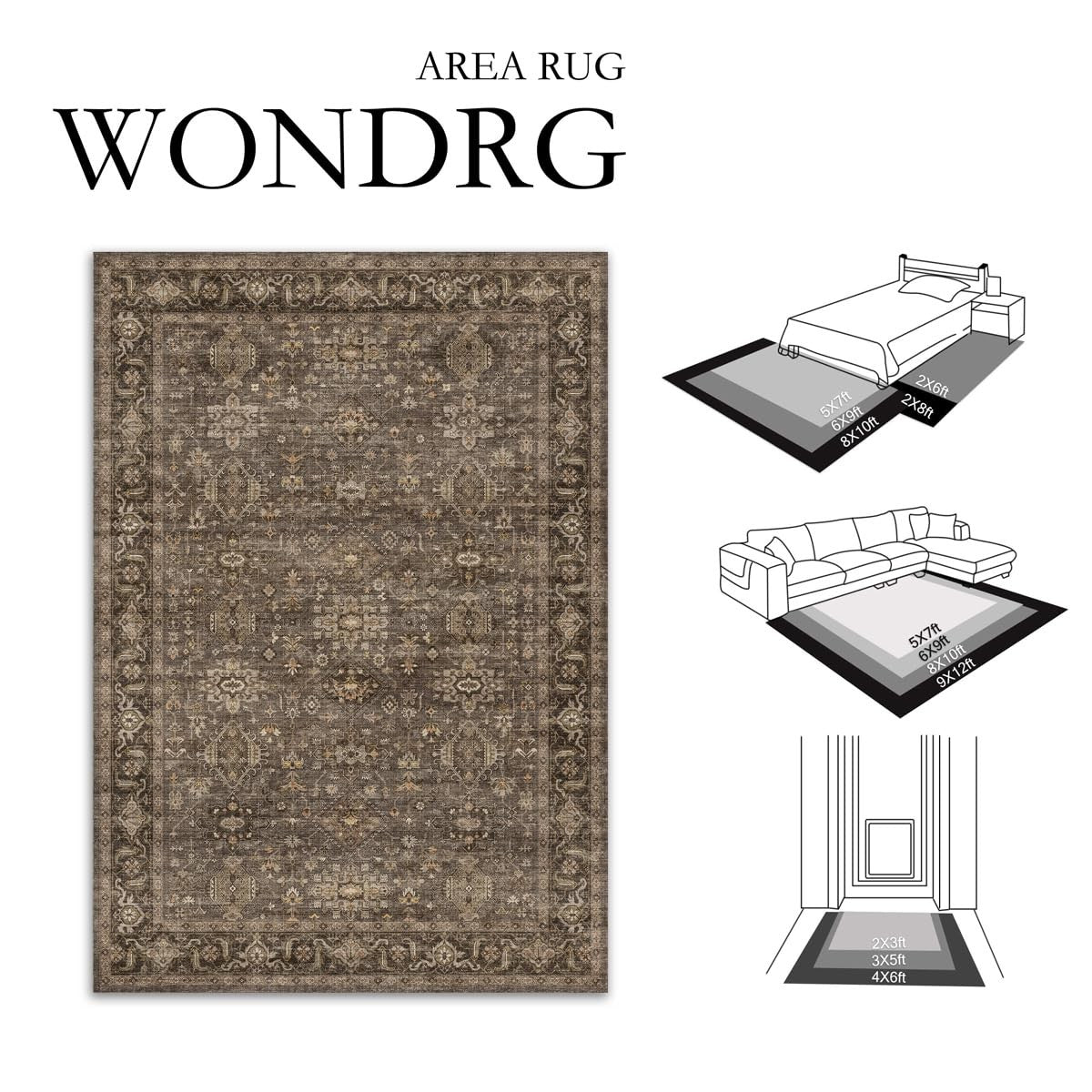 WondRg 4x5 vintage brown washable area rug with soft low pile, ideal for living room or bedroom decor.