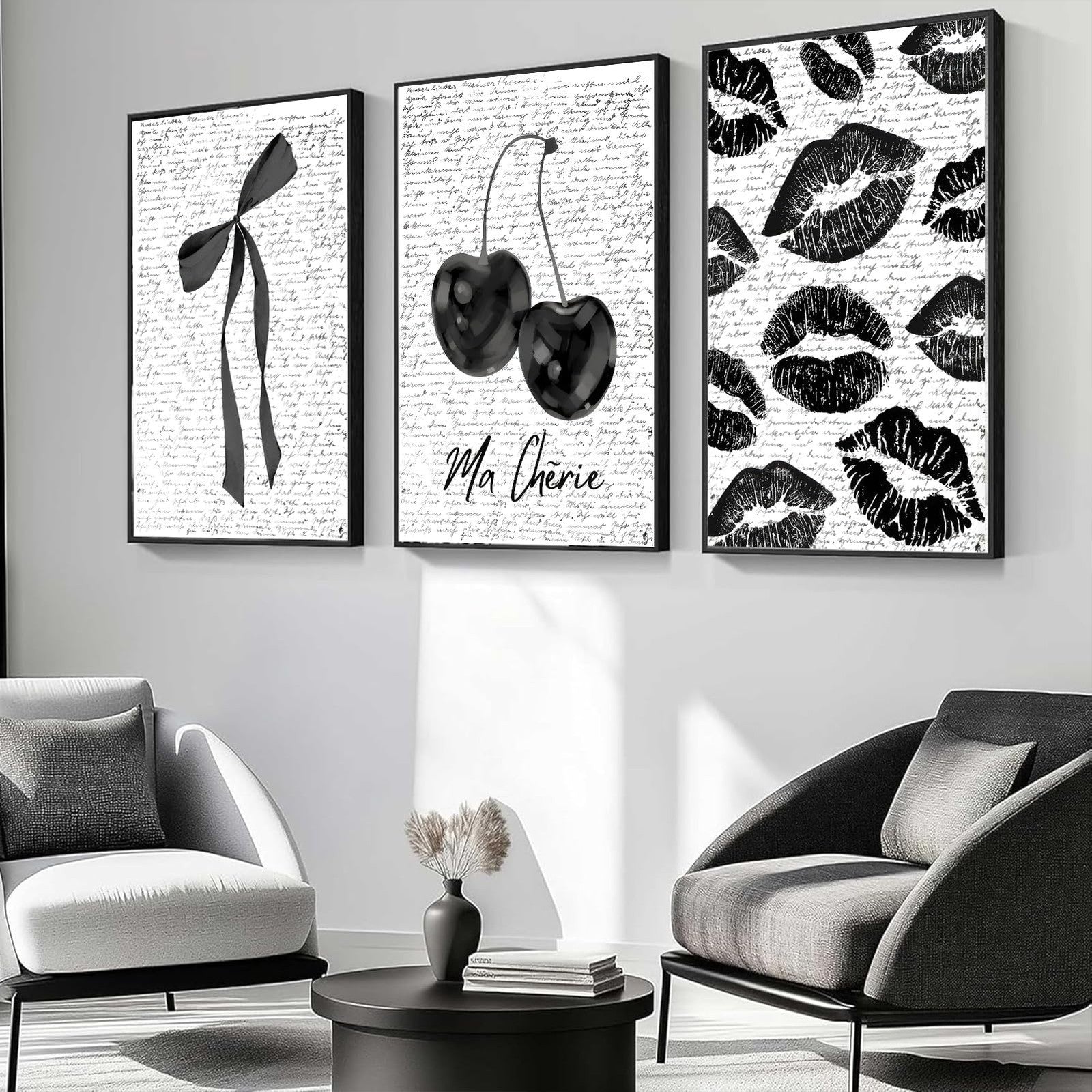Three black-framed canvas wall art pieces featuring vintage girl illustrations with lips and cherries by ZLSYQALW.