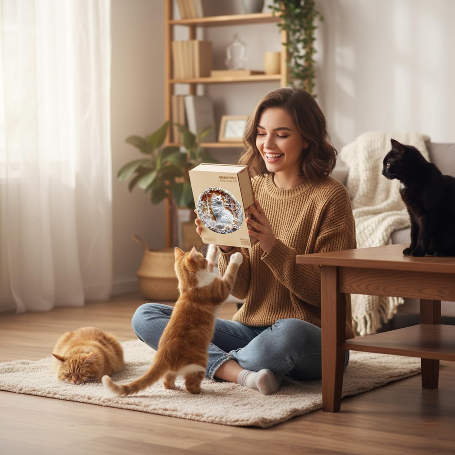 Jollitot 3D wooden puzzle for adults featuring a white cat and cherry blossoms, with 200 pieces assembled on a white background.