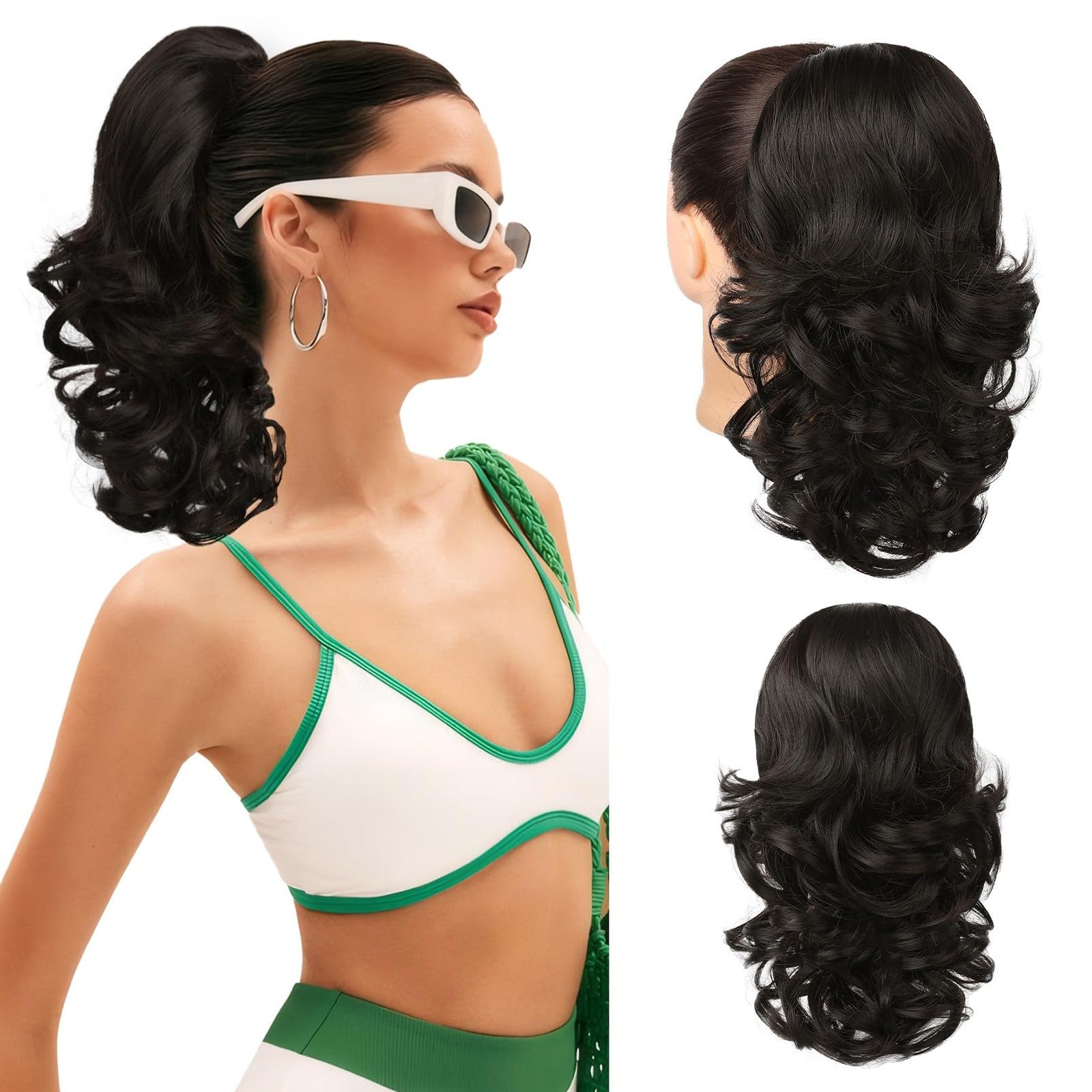 Flufymooz 14-inch short drawstring ponytail hair extension in natural black, showing the textured synthetic hair attachment.