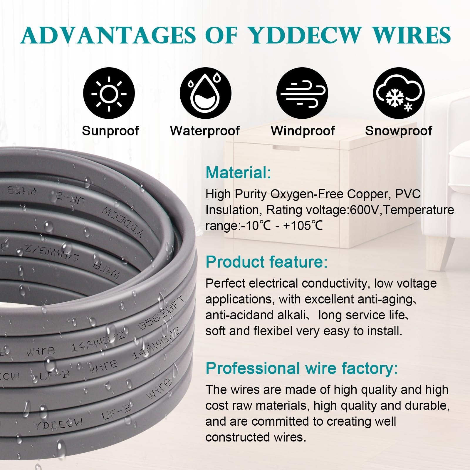 YDDECW 14/2 UF-B electrical wire, 50ft, 14 AWG pure copper underground indoor cable with black insulation.