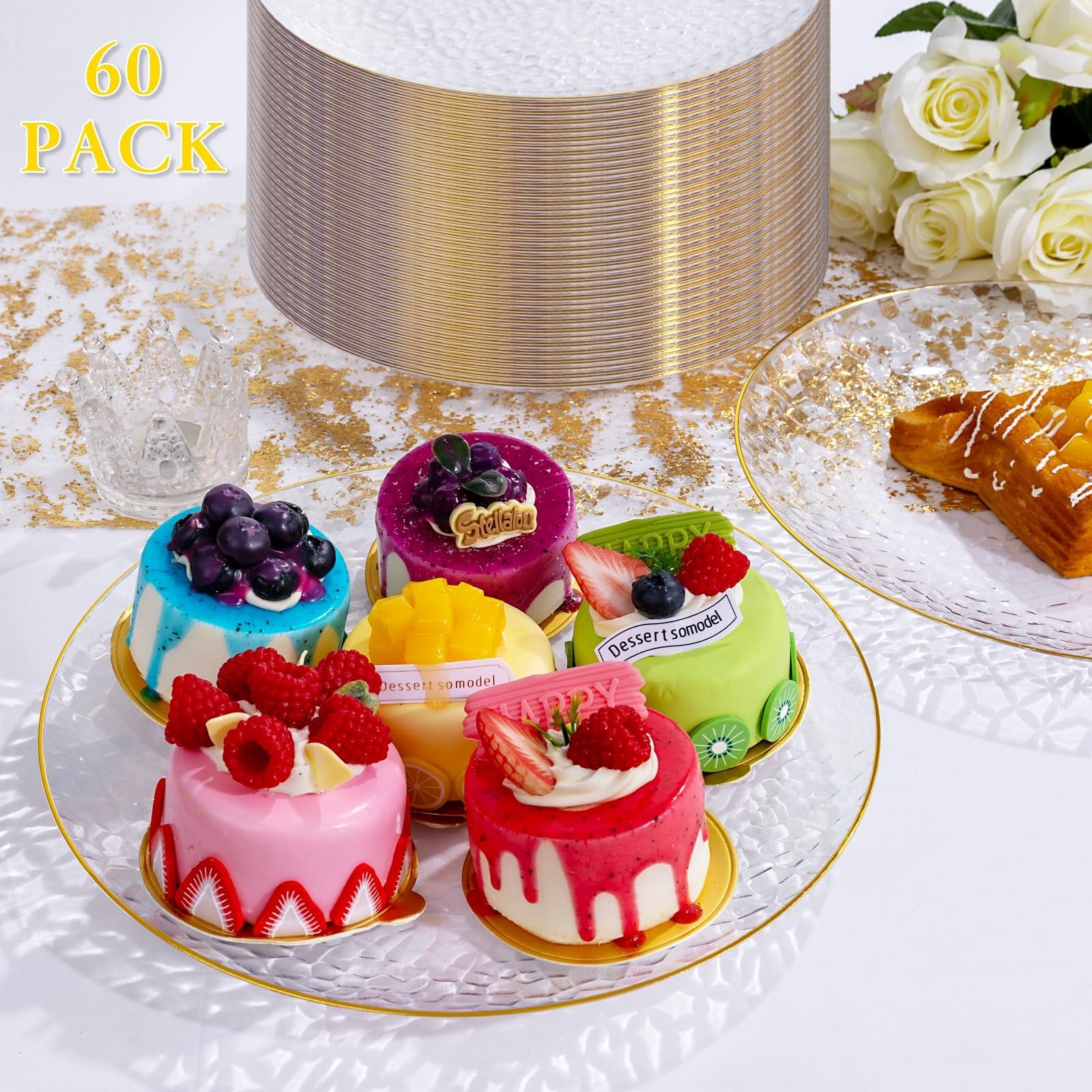 Set of 60 Rubtlamp gold plastic dinner plates, 10-inch clear gold plates with hammered pattern, ideal for parties and gatherings.
