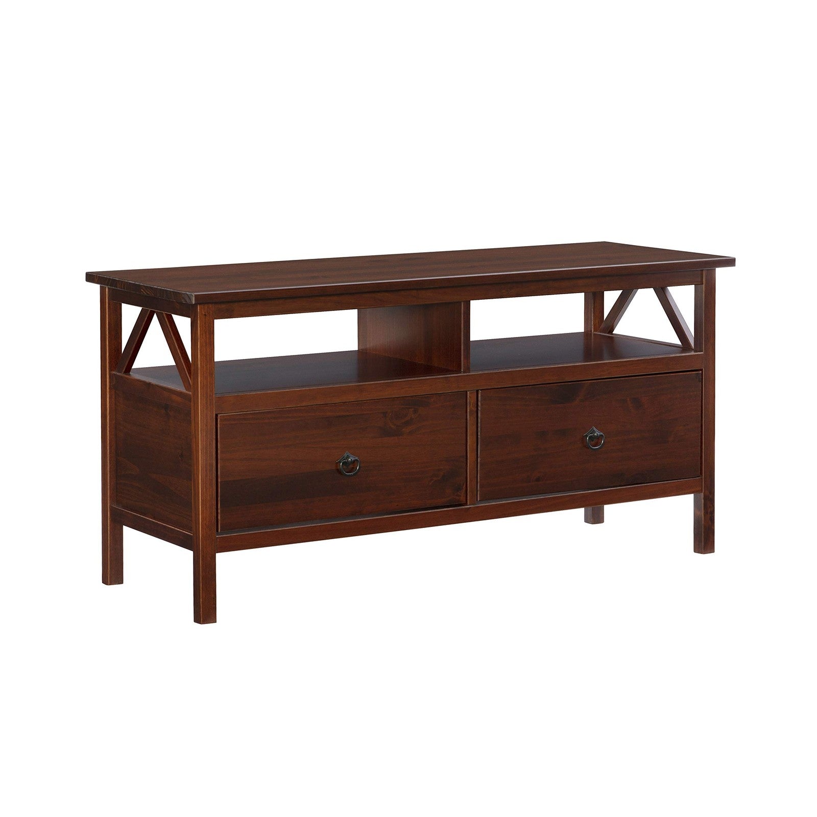 Antique tobacco-colored Linon Home Decor TV stand with traditional design, wood finish, and spacious storage compartments.